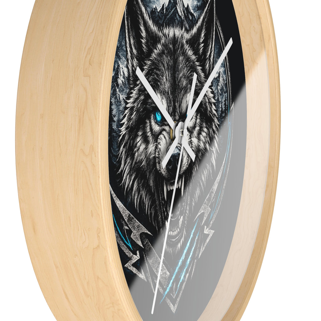 Howling Wolf Wall Clock — Fierce Blue-Eyed Wolf Cabin Decor