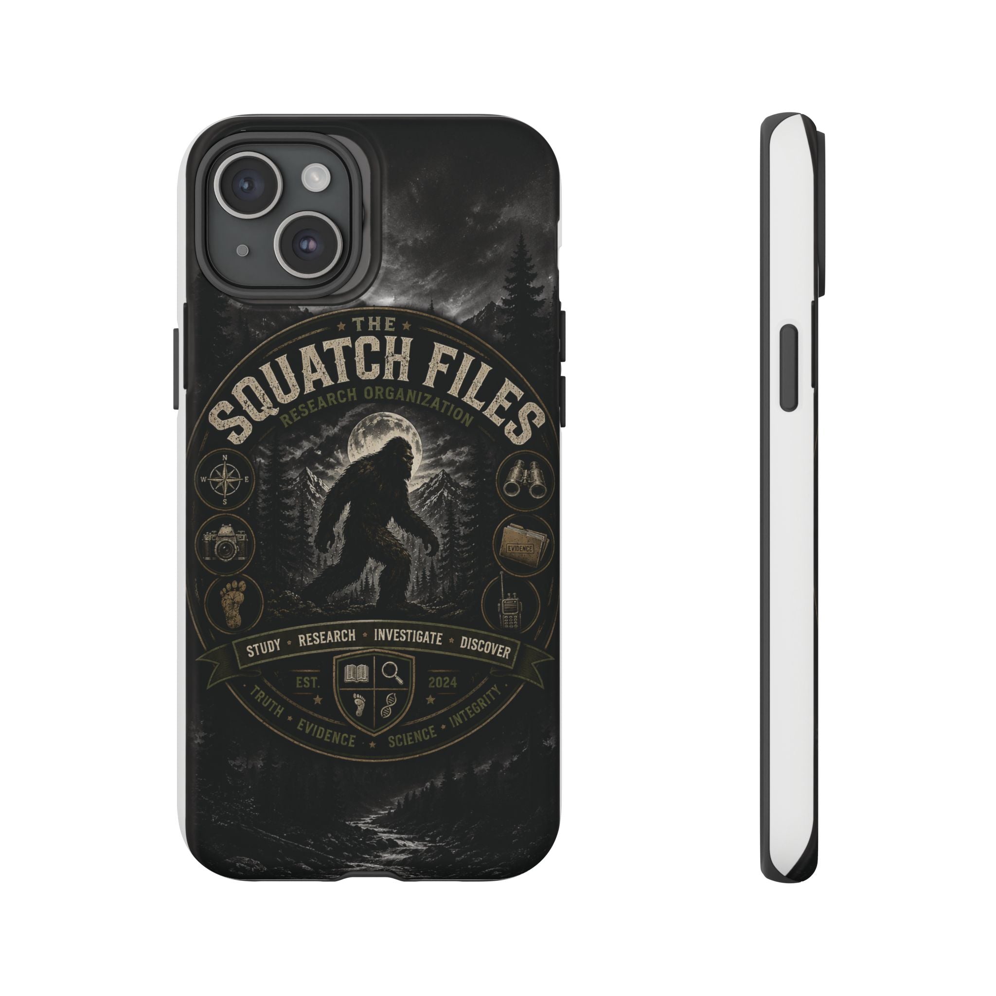Squatch Files Research Organization Phone Case — Bigfoot Sasquatch Moonlit Forest Design
