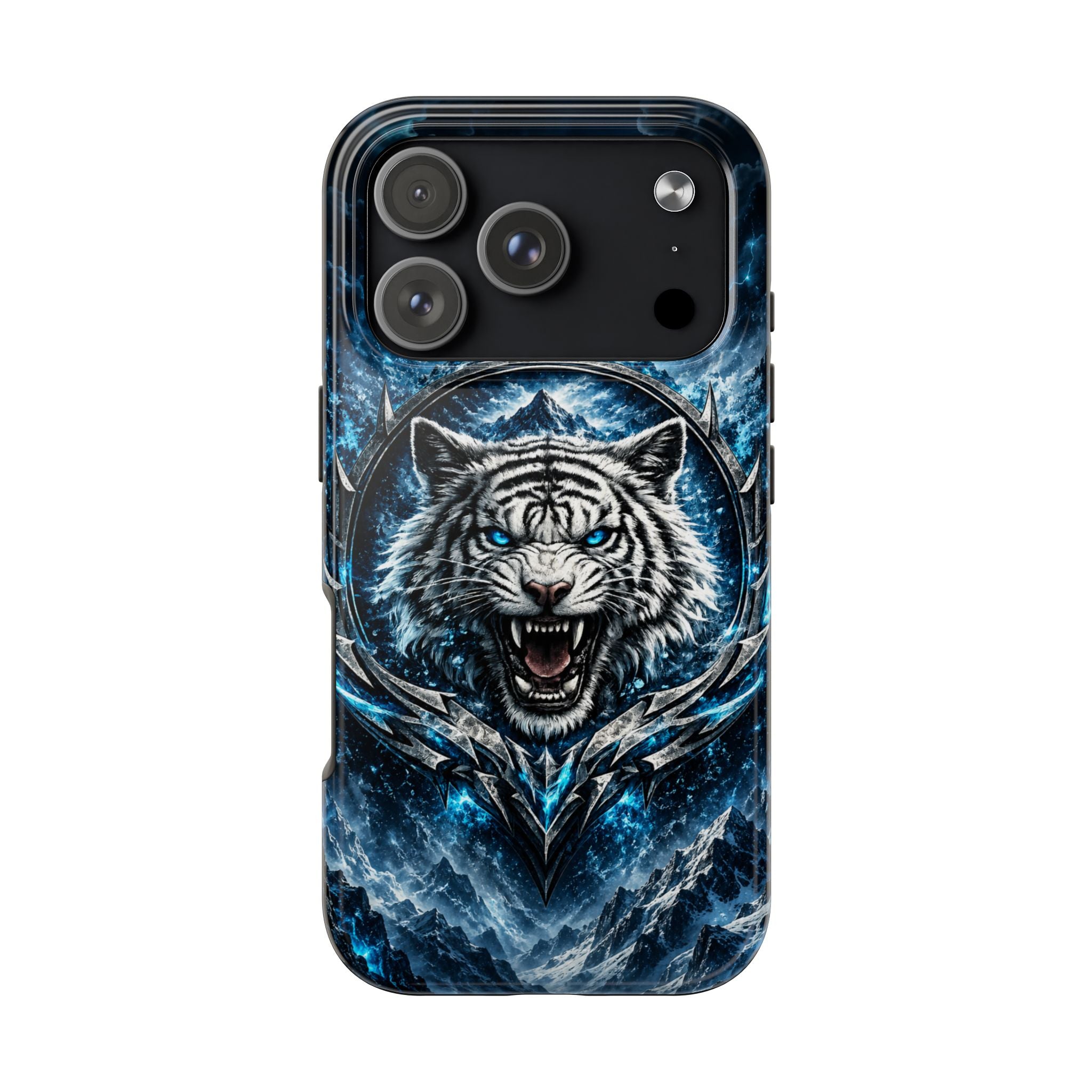 Blue White Tiger Tough Phone Case — Rugged Armor Cover with Fierce Snow Tiger Design