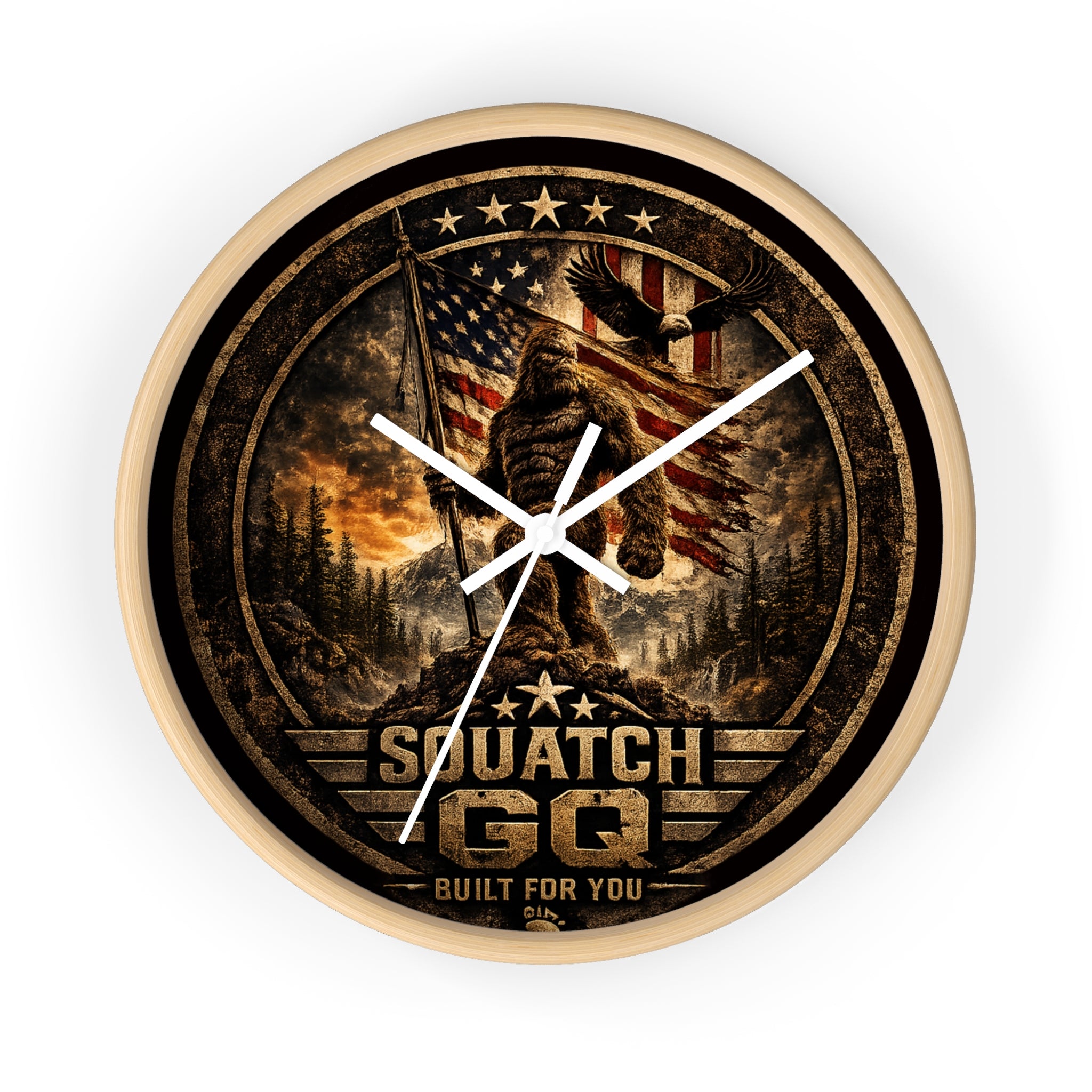 Squatch GQ Rustic Bigfoot Wall Clock — Patriotic American Cabin Decor