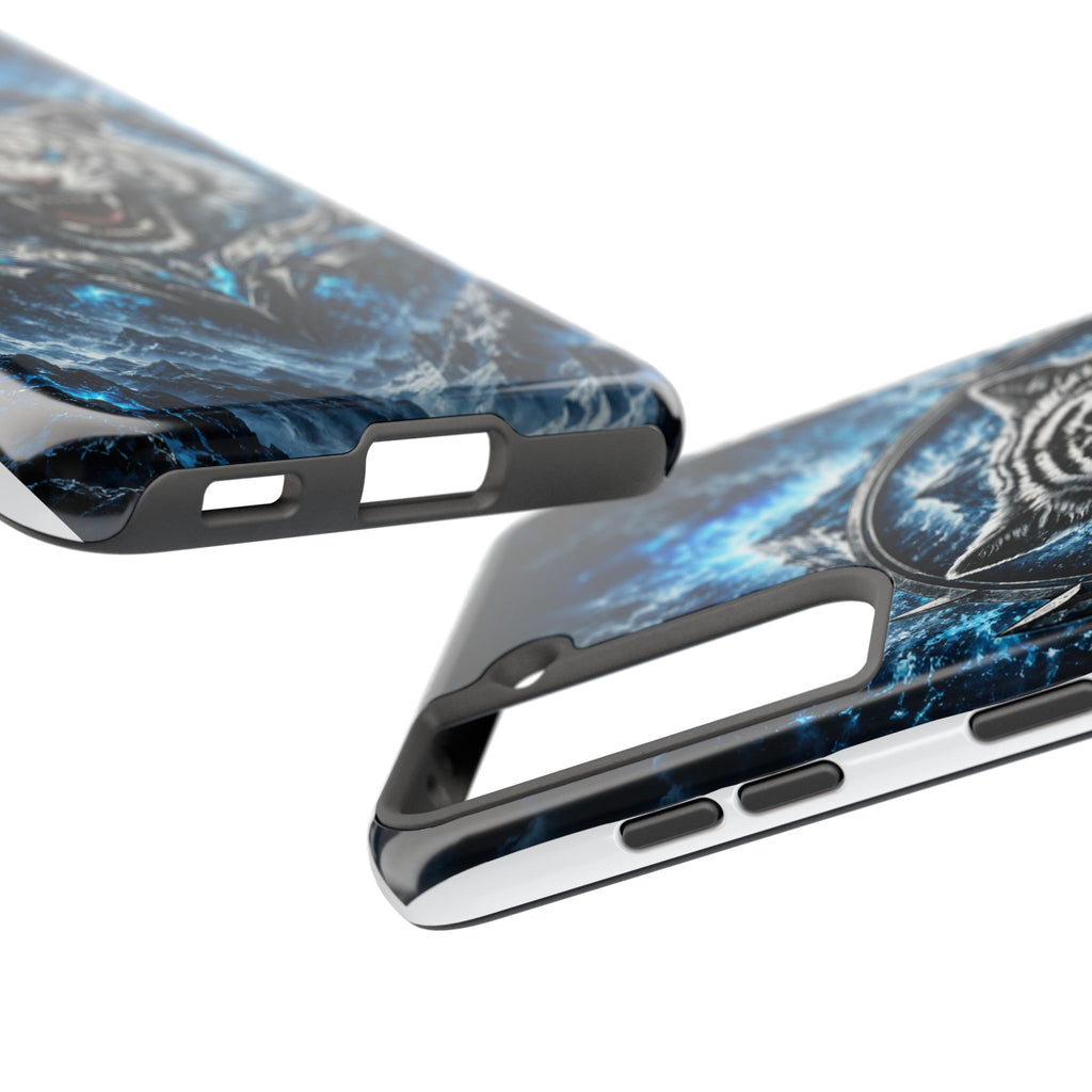 Blue White Tiger Tough Phone Case — Rugged Armor Cover with Fierce Snow Tiger Design