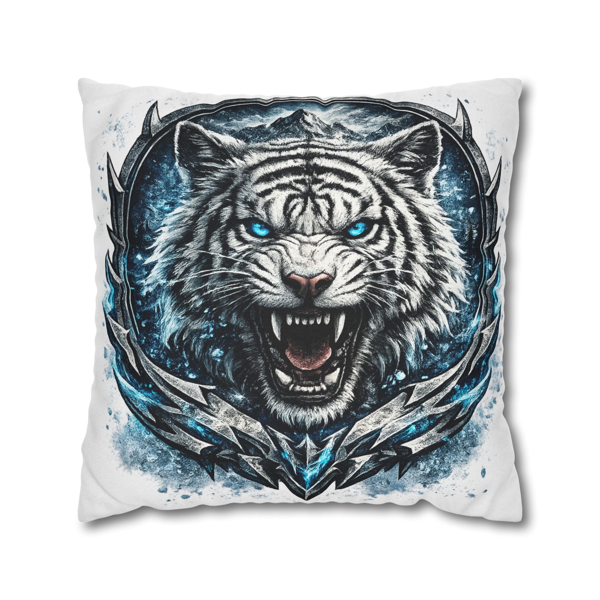 Roaring White Tiger Decorative Pillowcase — Blue Eyes Accent Throw Pillow