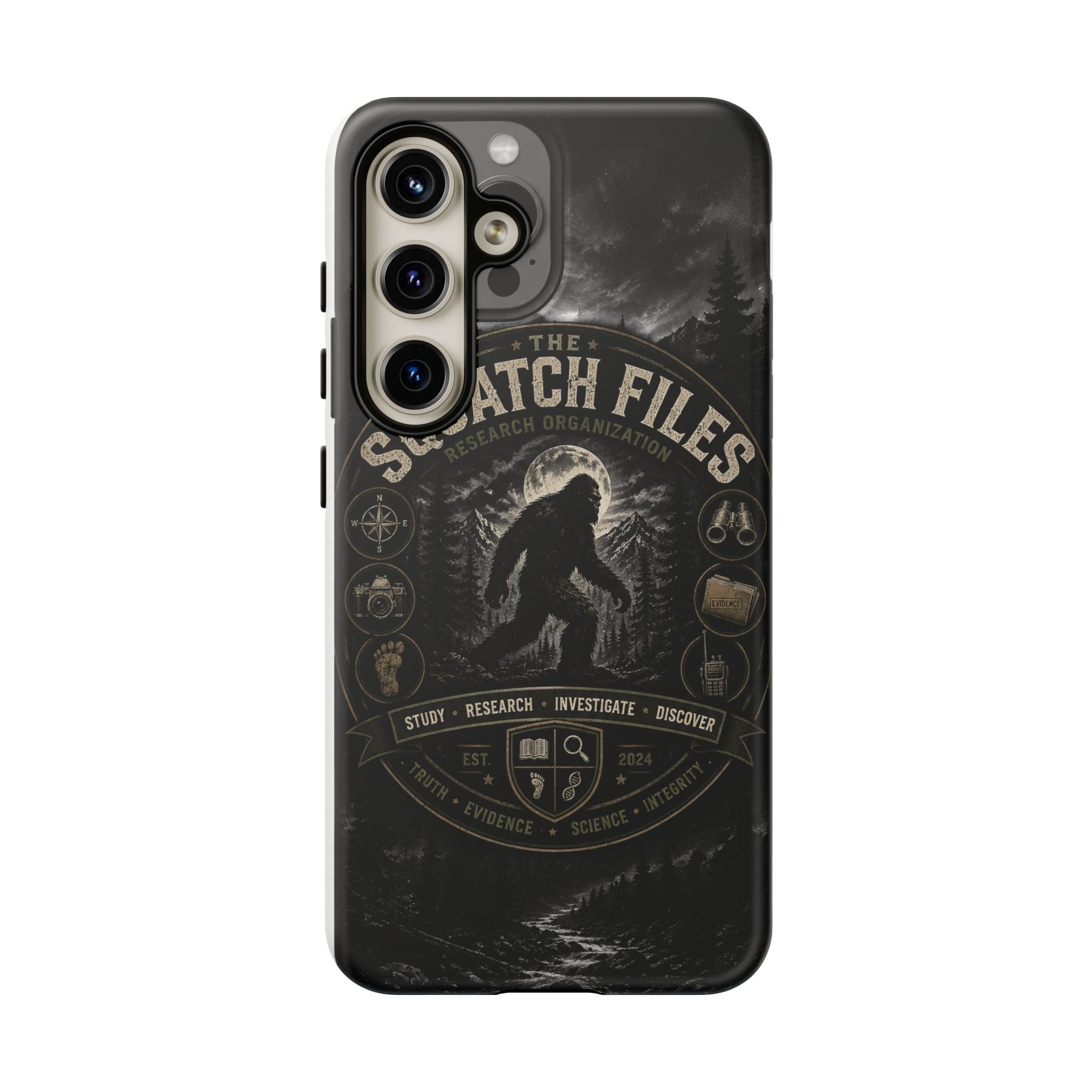 Squatch Files Research Organization Phone Case — Bigfoot Sasquatch Moonlit Forest Design