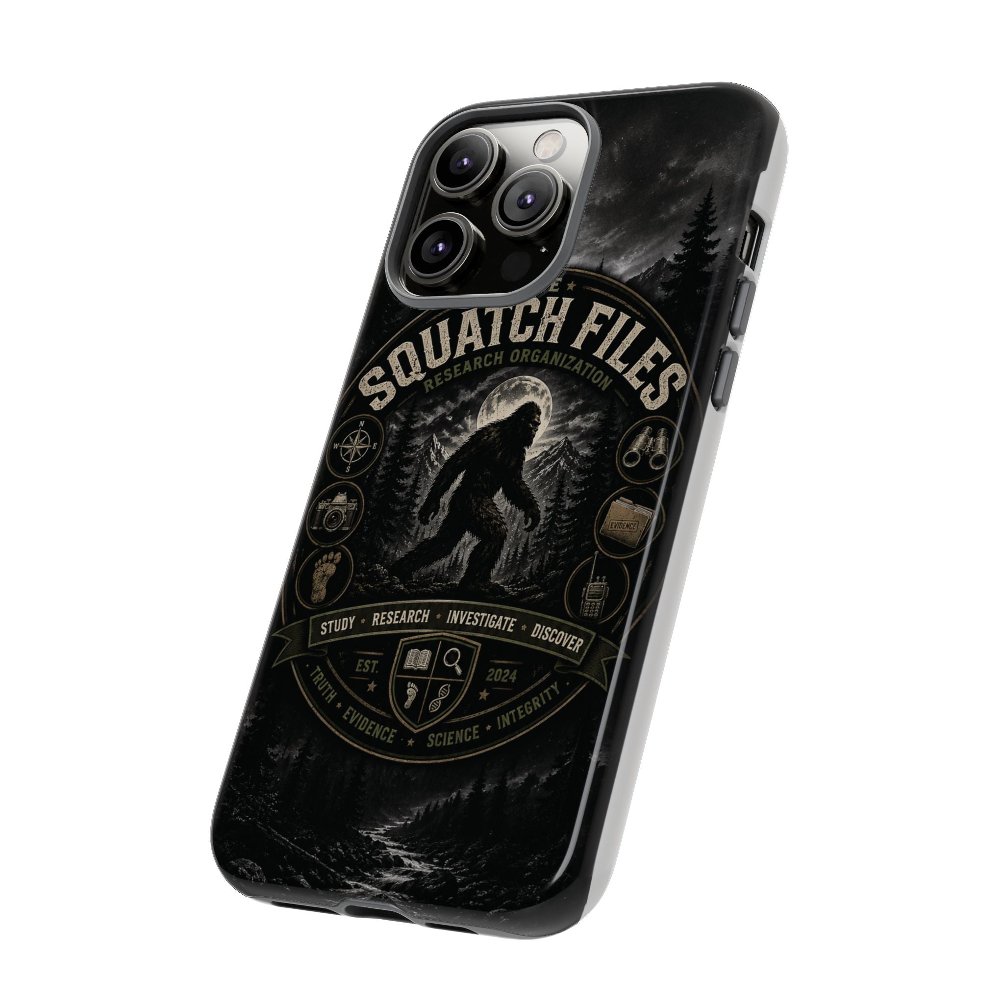 Squatch Files Research Organization Phone Case — Bigfoot Sasquatch Moonlit Forest Design