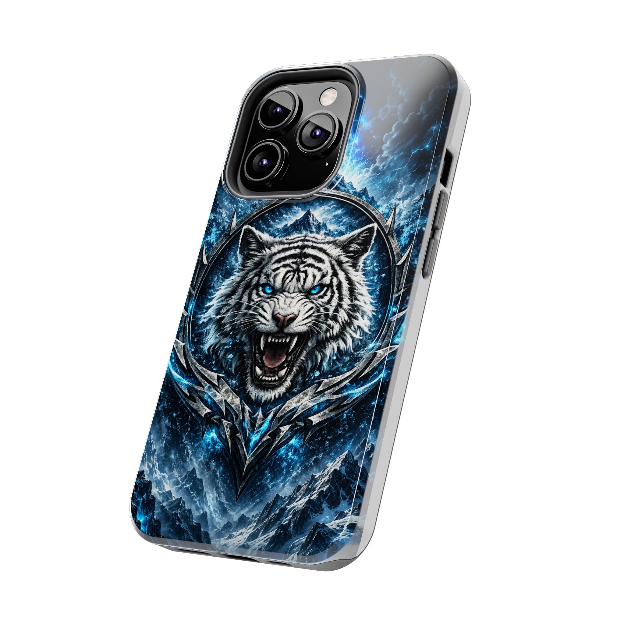 Blue White Tiger Tough Phone Case — Rugged Armor Cover with Fierce Snow Tiger Design