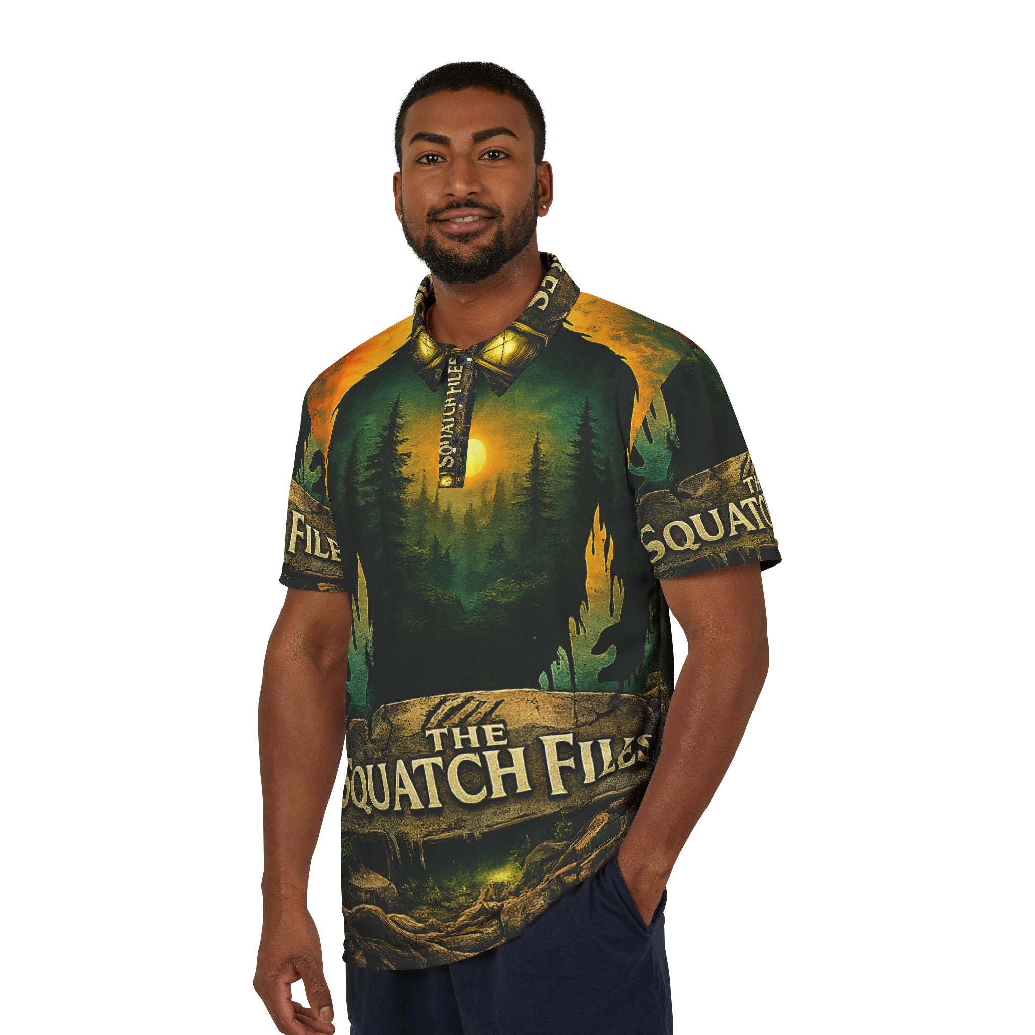 Sasquatch Polo Shirt — "The Squatch Files" All-Over-Print Outdoor Tee