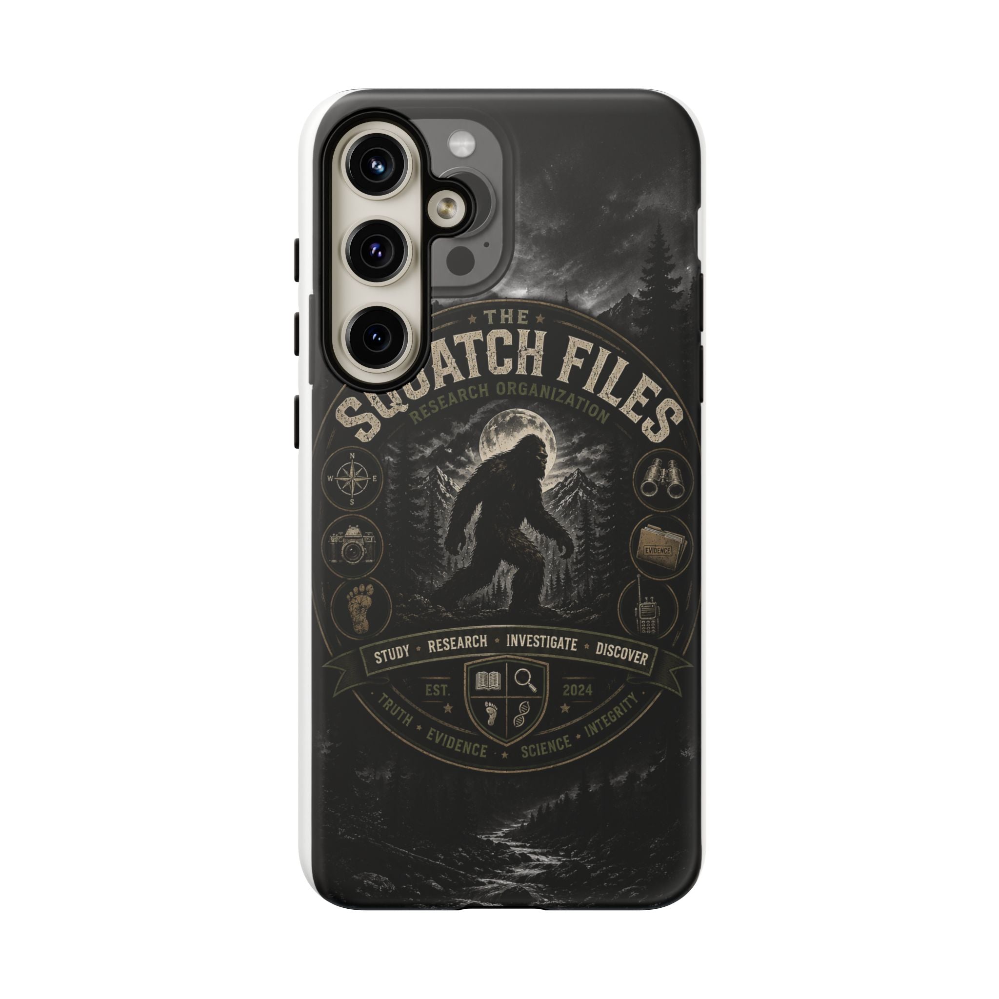 Squatch Files Research Organization Phone Case — Bigfoot Sasquatch Moonlit Forest Design