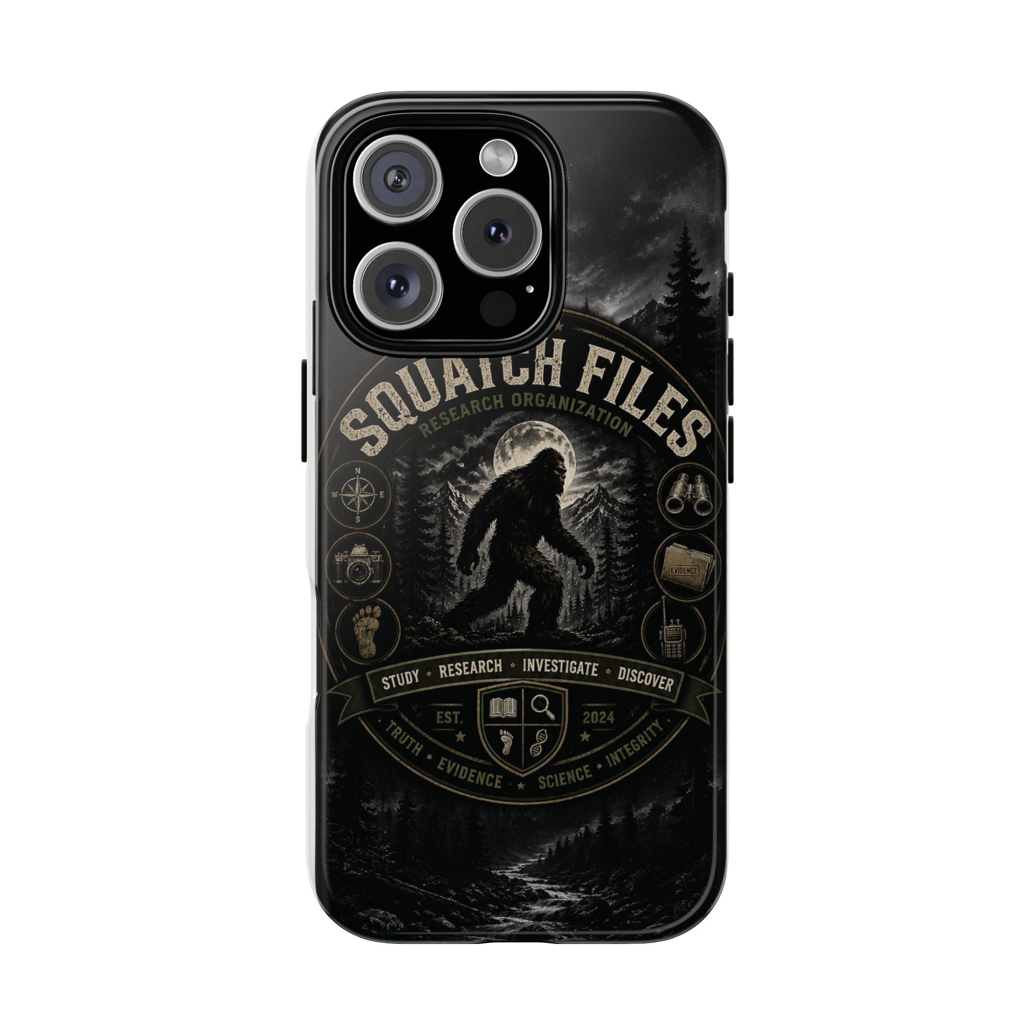 Squatch Files Research Organization Phone Case — Bigfoot Sasquatch Moonlit Forest Design