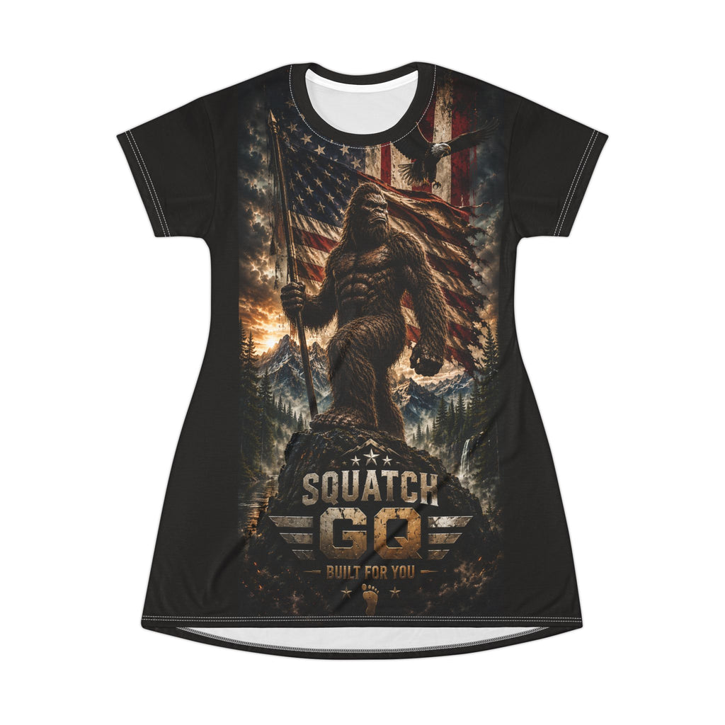 Squatch God Graphic T‑Shirt Dress — Bigfoot Patriotic Wilderness Tee Dress