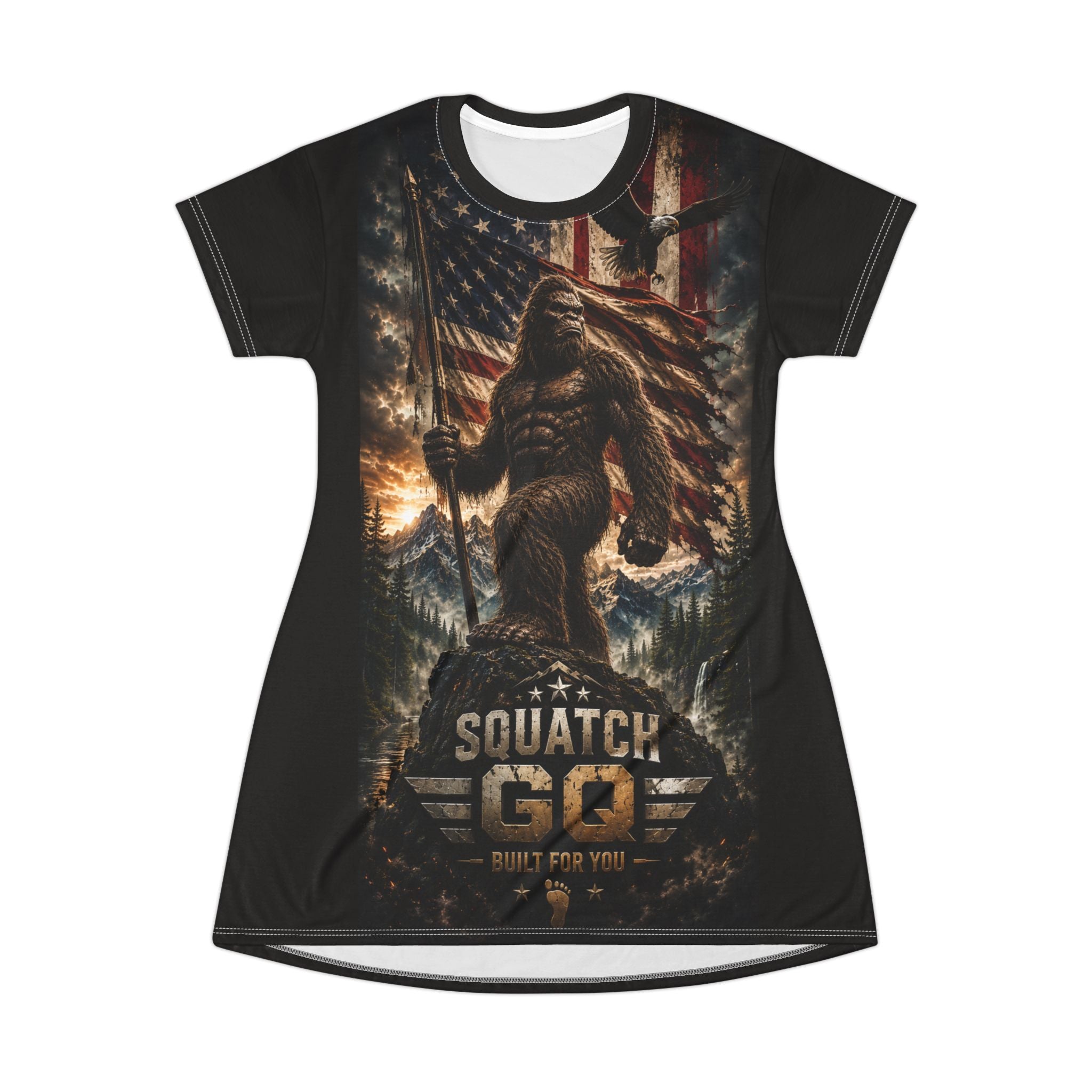 Squatch God Graphic T‑Shirt Dress — Bigfoot Patriotic Wilderness Tee Dress
