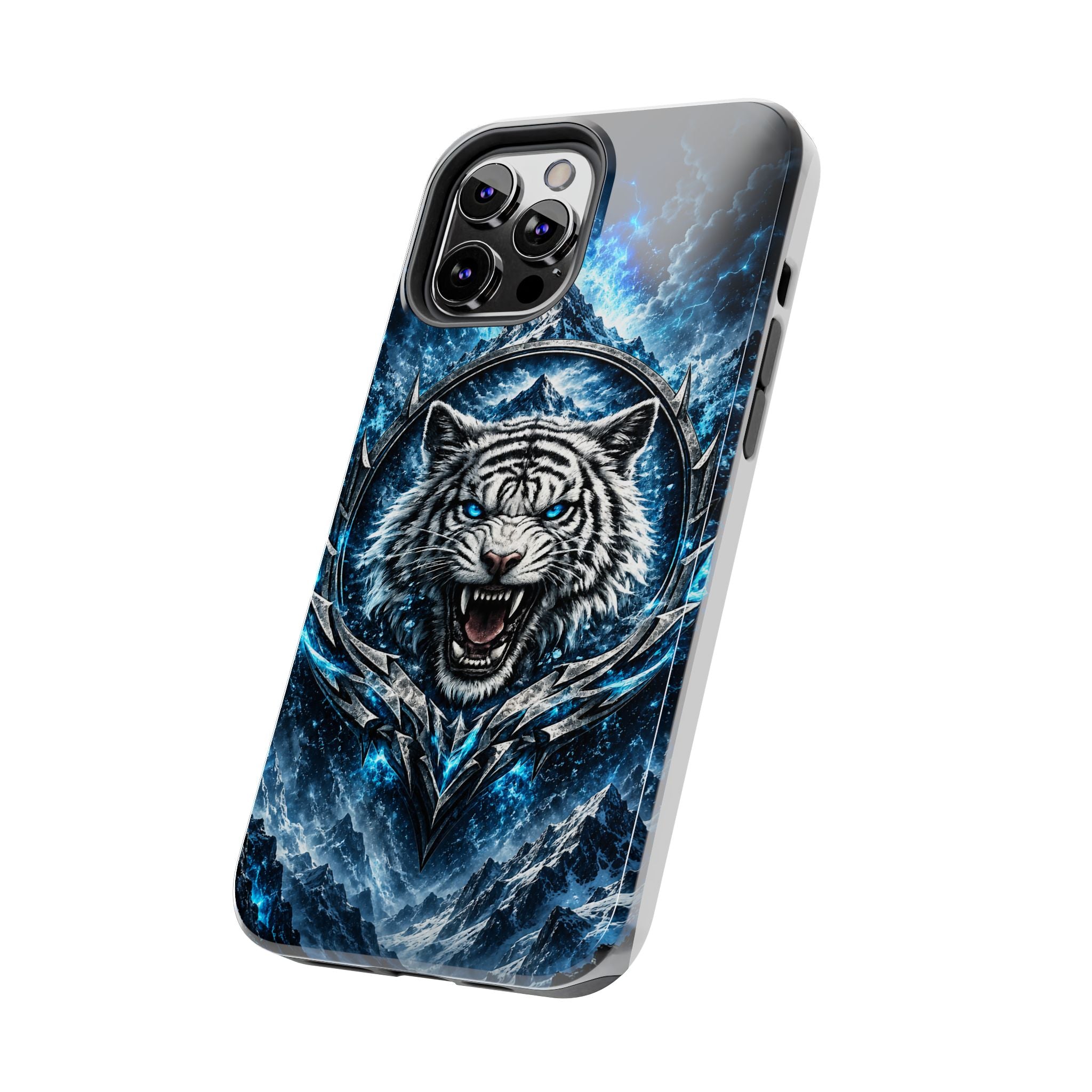 Blue White Tiger Tough Phone Case — Rugged Armor Cover with Fierce Snow Tiger Design