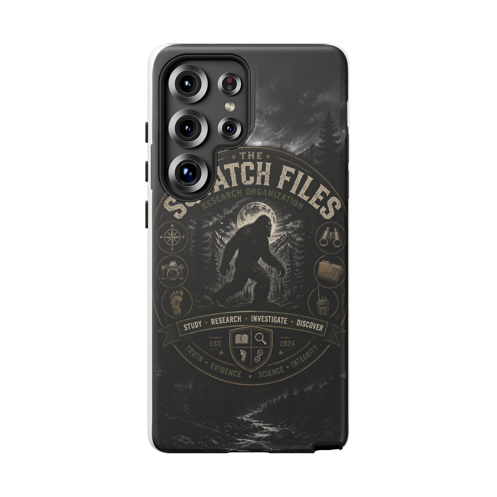 Squatch Files Research Organization Phone Case — Bigfoot Sasquatch Moonlit Forest Design