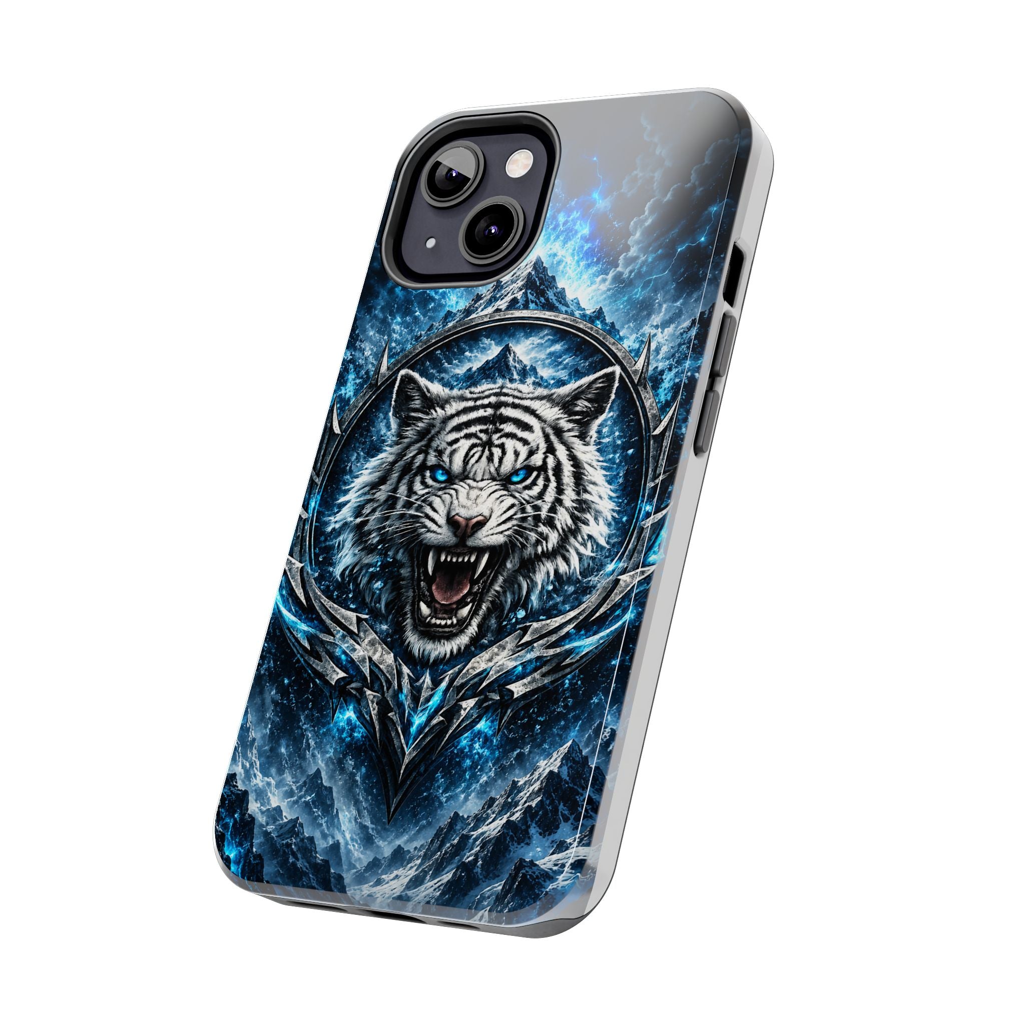 Blue White Tiger Tough Phone Case — Rugged Armor Cover with Fierce Snow Tiger Design