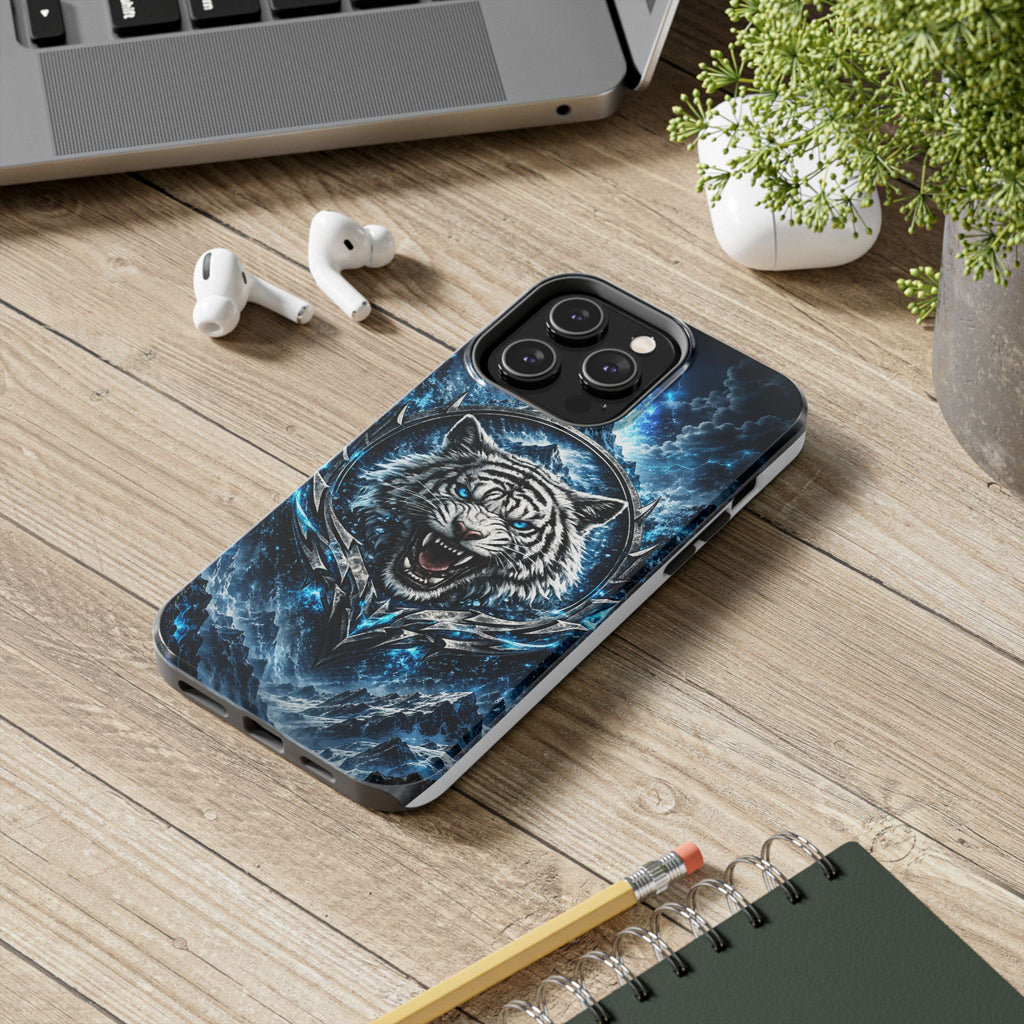 Blue White Tiger Tough Phone Case — Rugged Armor Cover with Fierce Snow Tiger Design