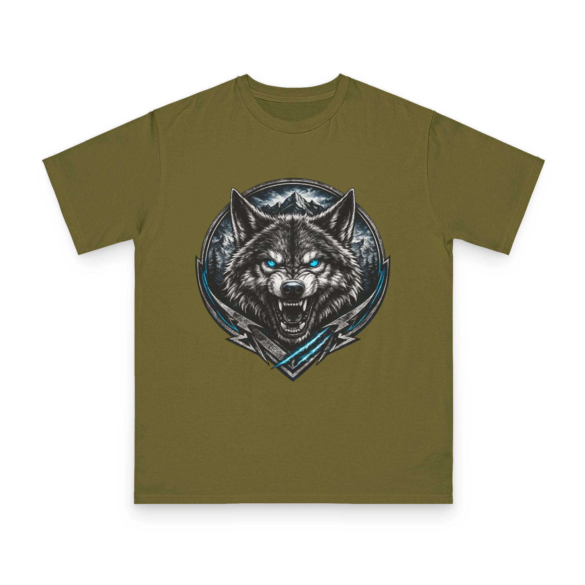 Wolf Head Graphic T-Shirt — Fierce Blue-Eyed Wolf Crest Tee