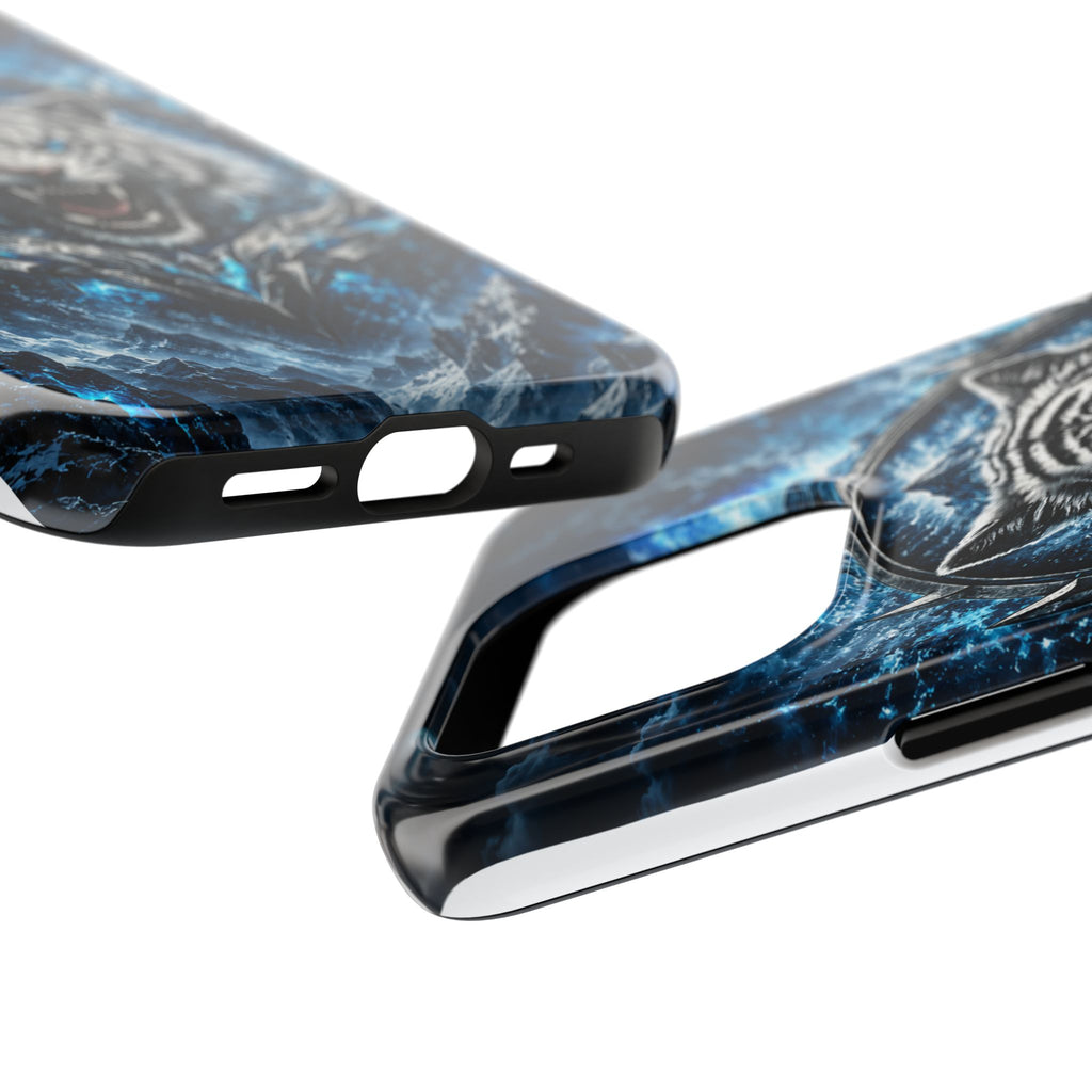 Blue White Tiger Tough Phone Case — Rugged Armor Cover with Fierce Snow Tiger Design