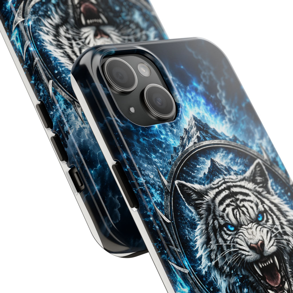 Blue White Tiger Tough Phone Case — Rugged Armor Cover with Fierce Snow Tiger Design