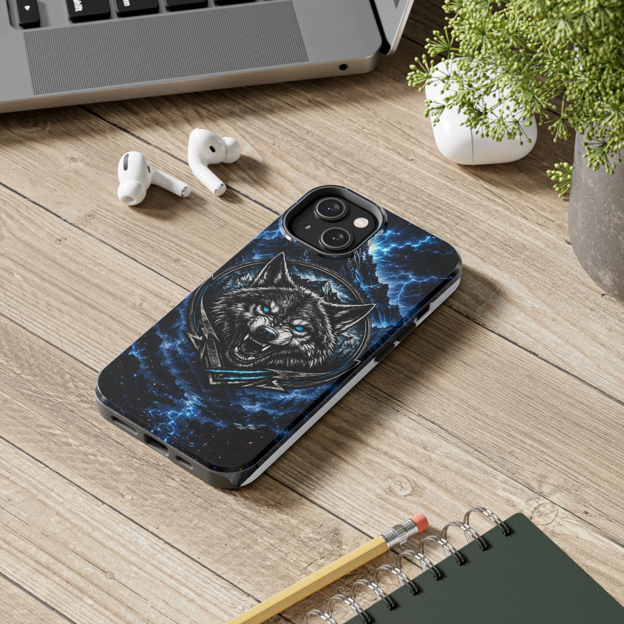 Wolf Thunder Tough Phone Case — Rugged Protective Case with Blue Lightning Wolf Design