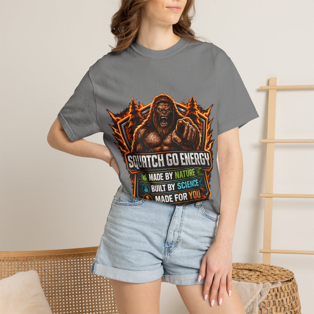 Squatch Go Energy T-Shirt — Sasquatch Vintage Badge Tee (Made by Nature • Built by Science)
