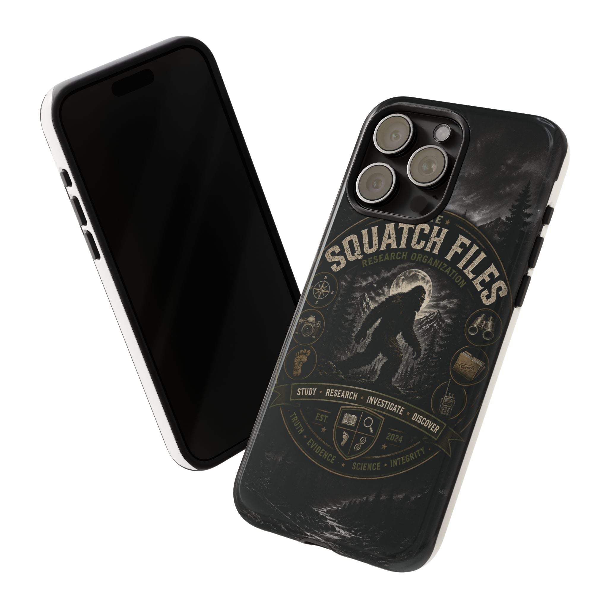 Squatch Files Research Organization Phone Case — Bigfoot Sasquatch Moonlit Forest Design