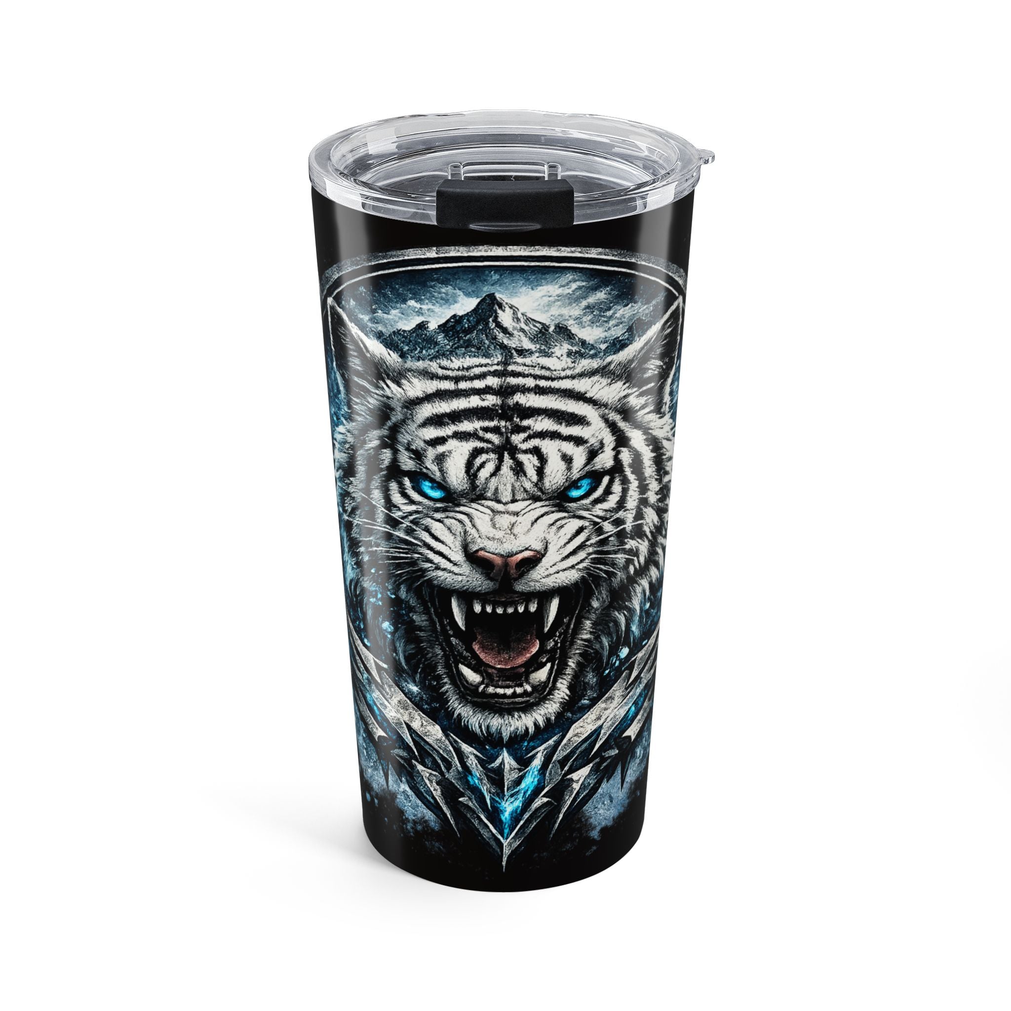 20oz White Tiger Tumbler — Fierce Blue-Eyed Animal Travel Cup