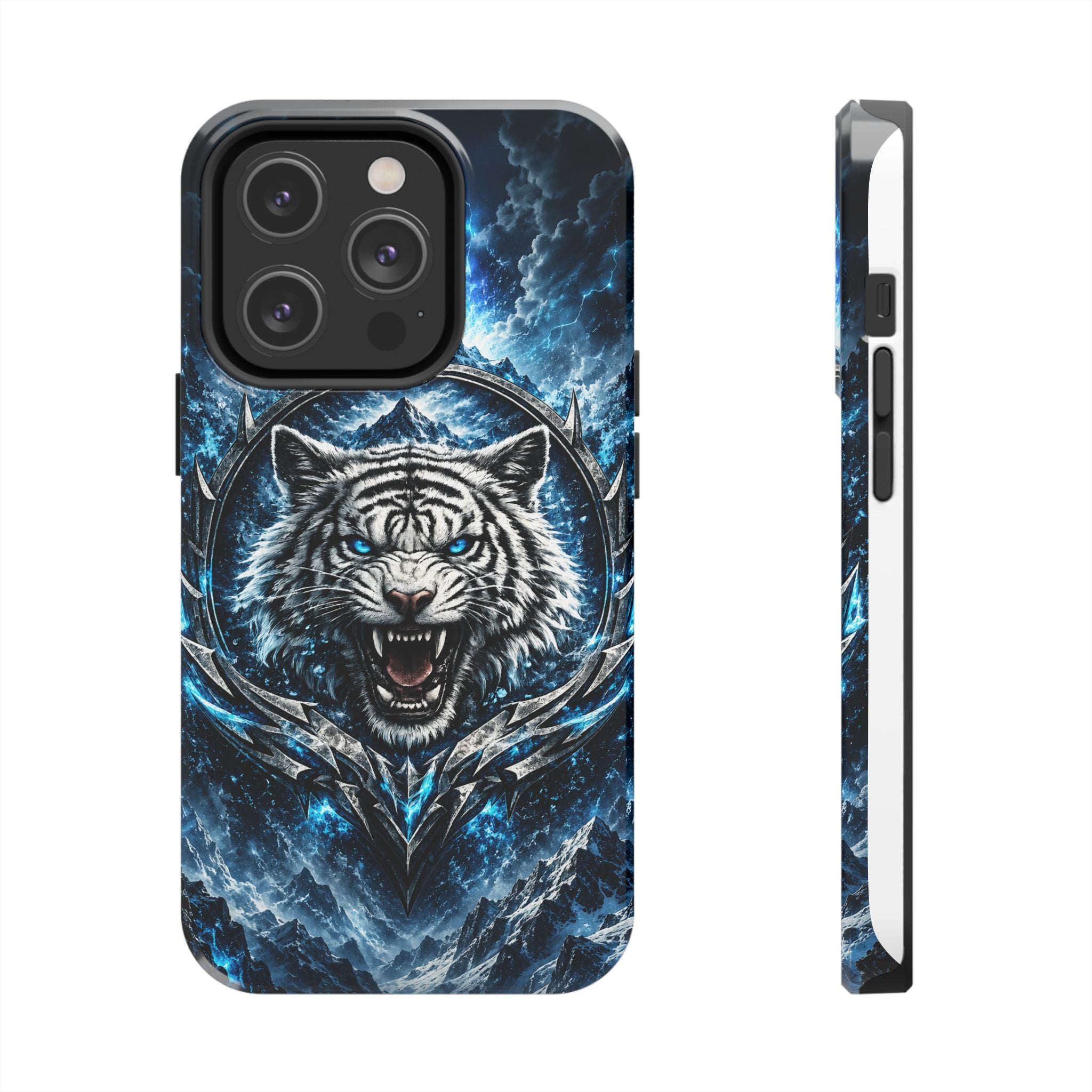 Blue White Tiger Tough Phone Case — Rugged Armor Cover with Fierce Snow Tiger Design