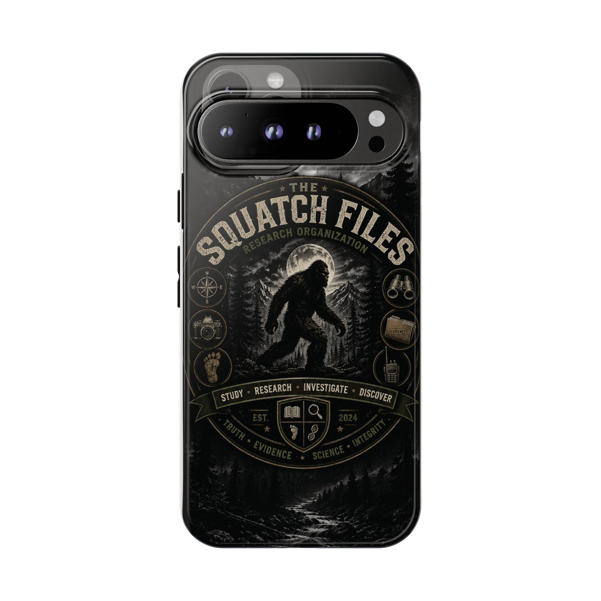 Squatch Files Research Organization Phone Case — Bigfoot Sasquatch Moonlit Forest Design