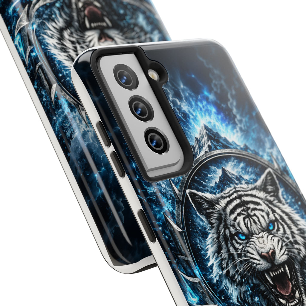 Blue White Tiger Tough Phone Case — Rugged Armor Cover with Fierce Snow Tiger Design
