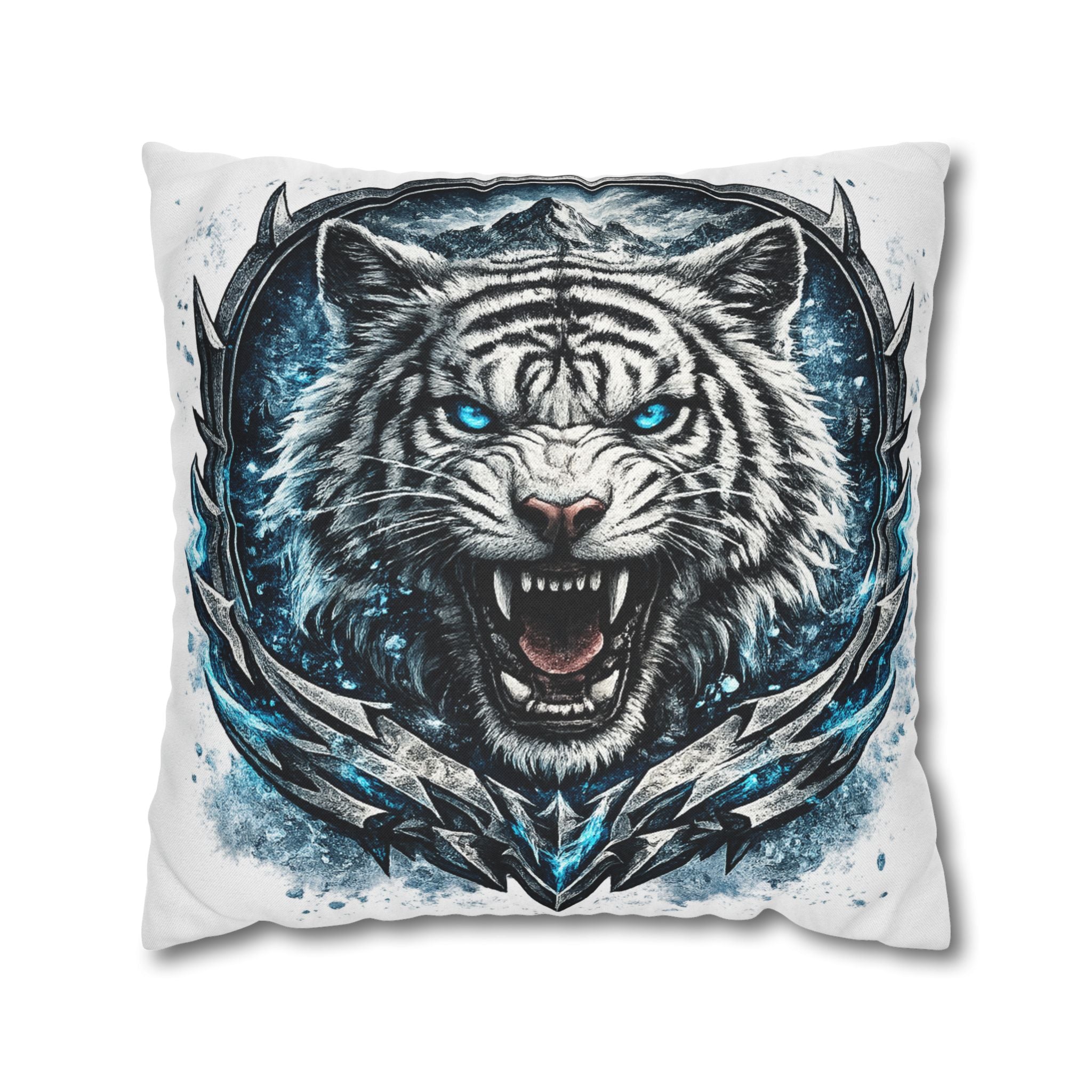 Roaring White Tiger Decorative Pillowcase — Blue Eyes Accent Throw Pillow