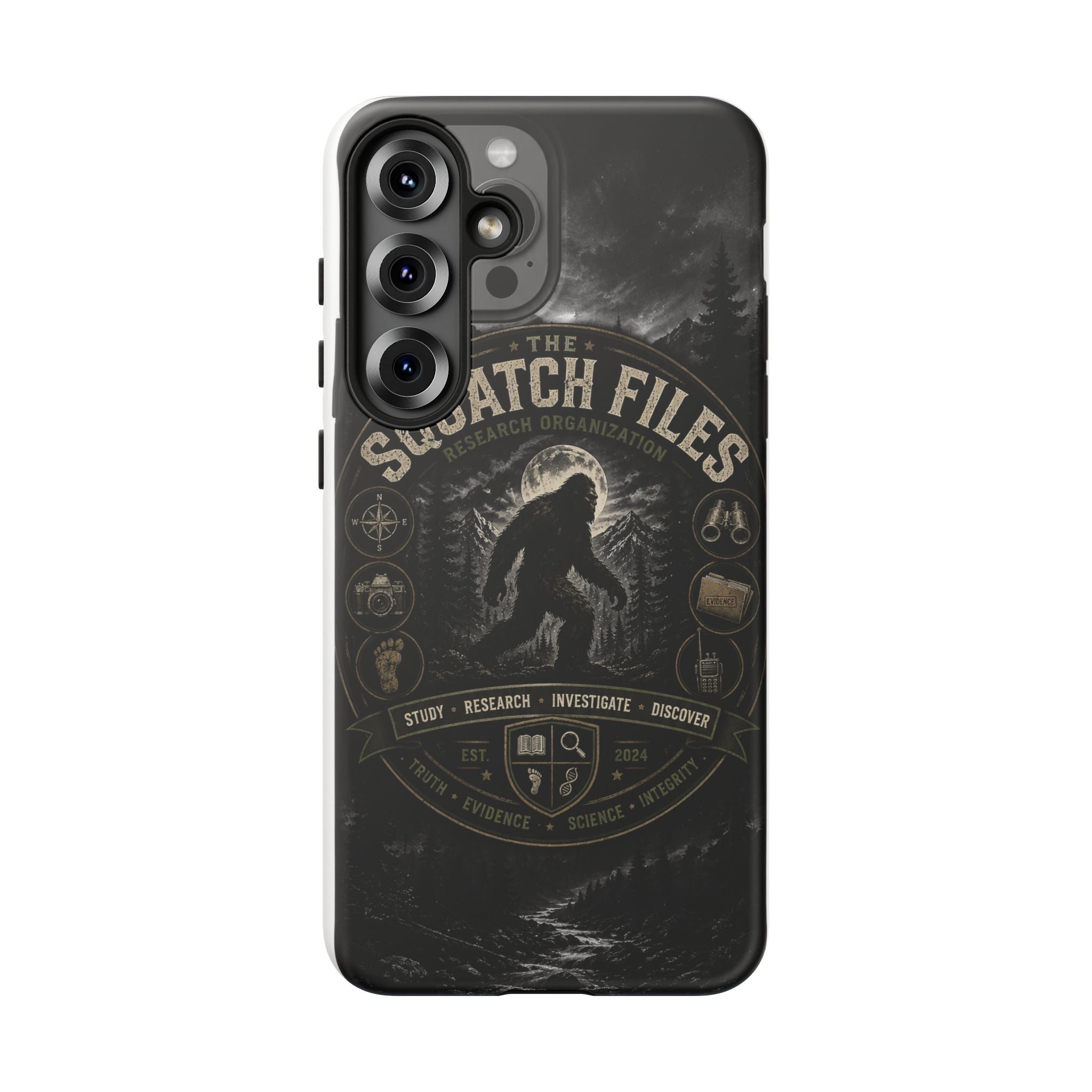 Squatch Files Research Organization Phone Case — Bigfoot Sasquatch Moonlit Forest Design