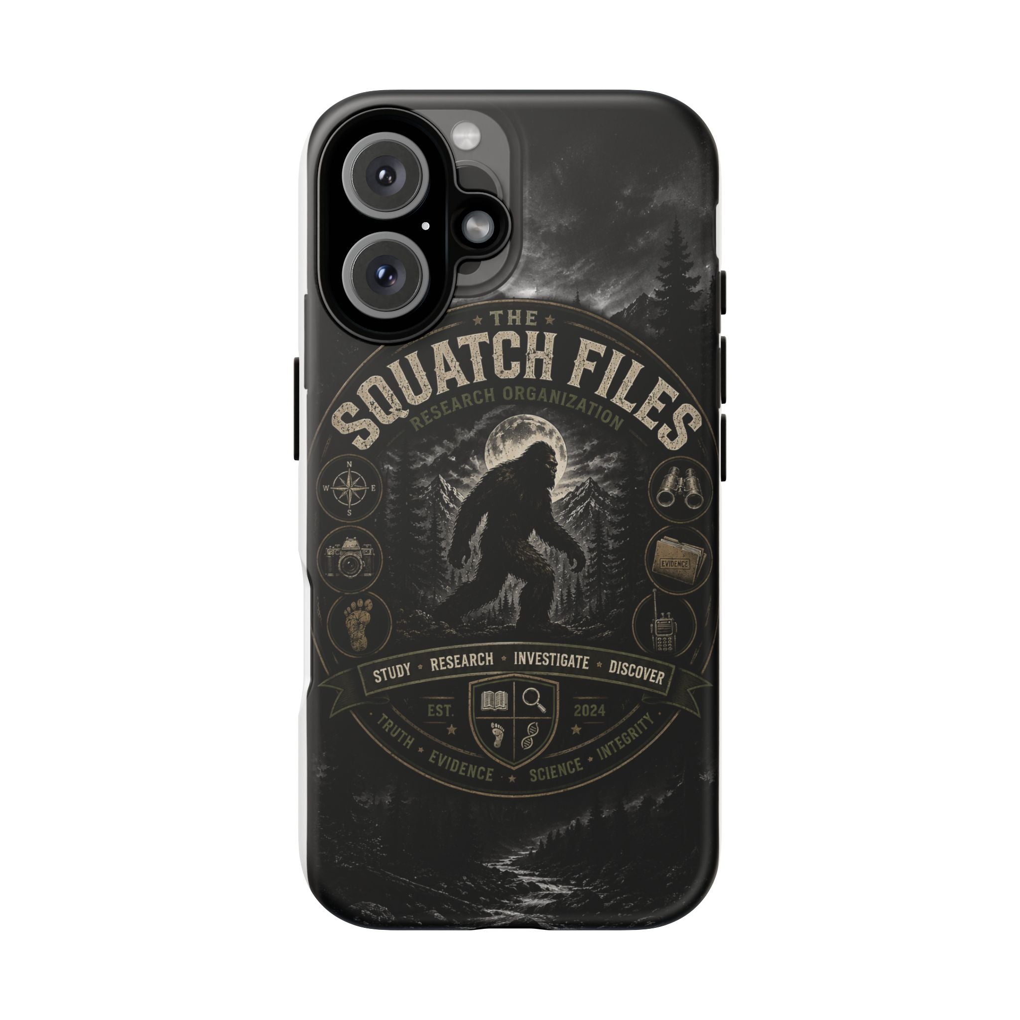 Squatch Files Research Organization Phone Case — Bigfoot Sasquatch Moonlit Forest Design
