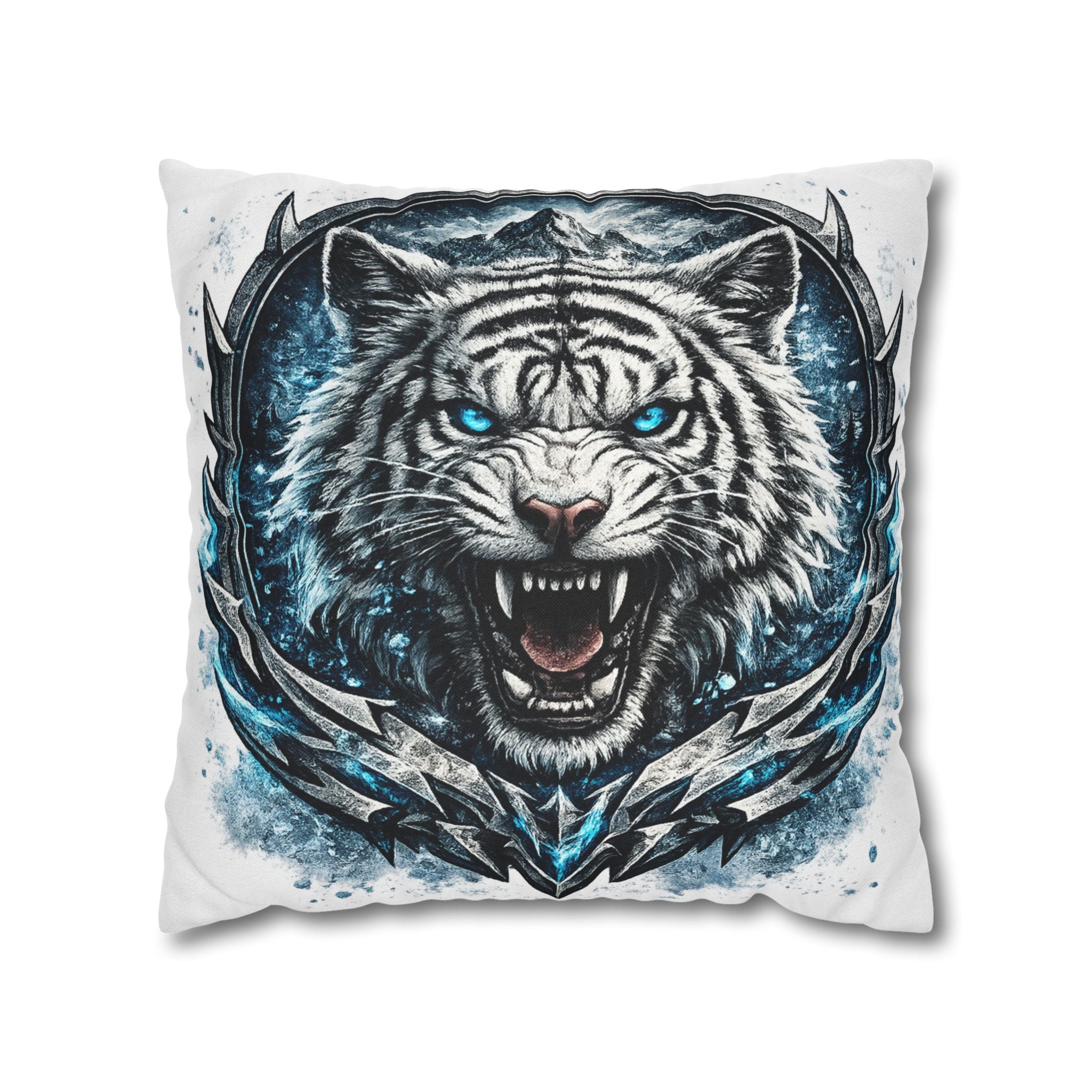 Roaring White Tiger Decorative Pillowcase — Blue Eyes Accent Throw Pillow