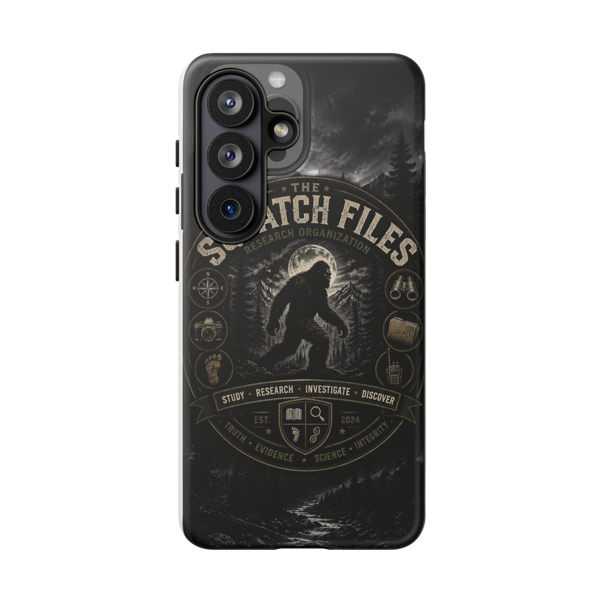 Squatch Files Research Organization Phone Case — Bigfoot Sasquatch Moonlit Forest Design