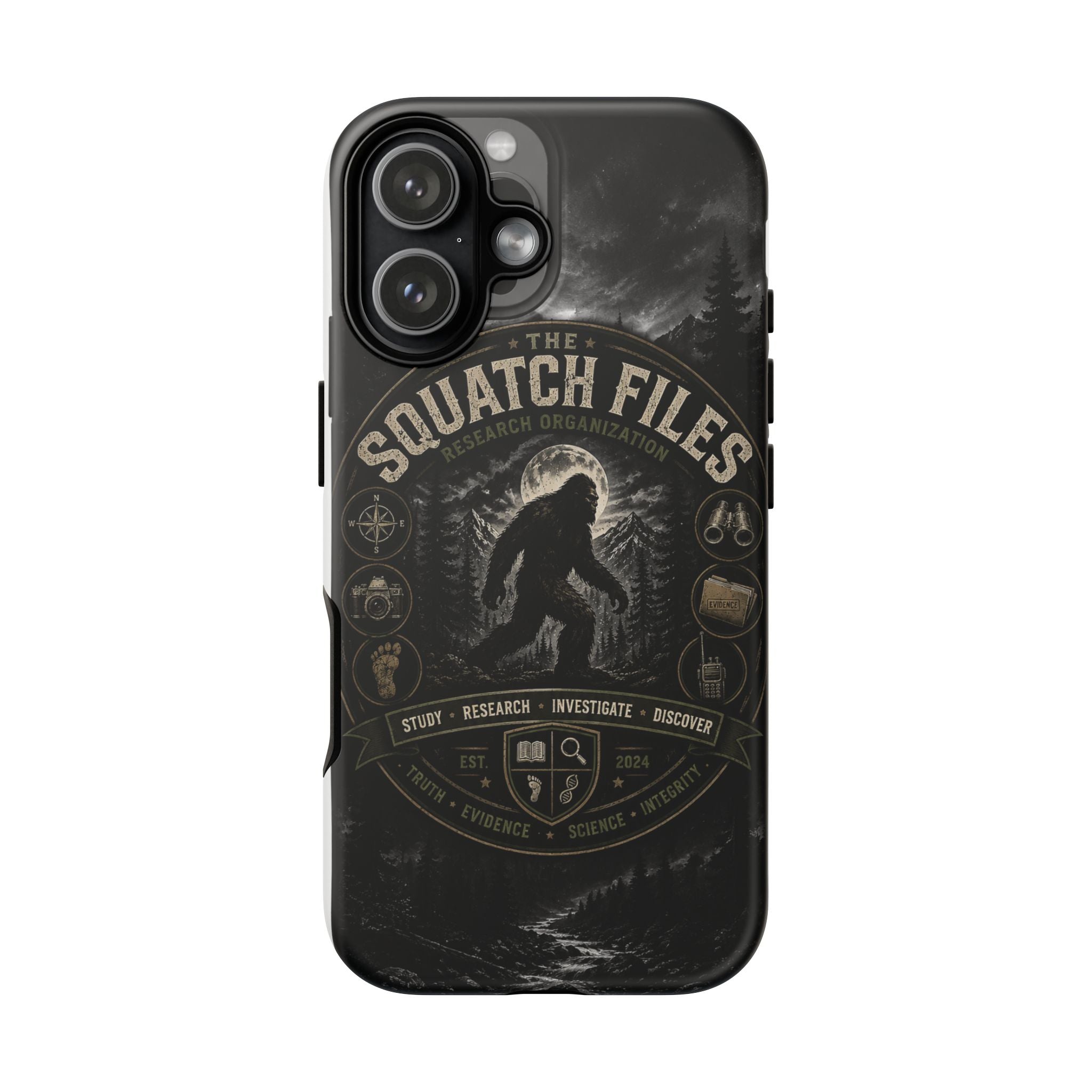 Squatch Files Research Organization Phone Case — Bigfoot Sasquatch Moonlit Forest Design