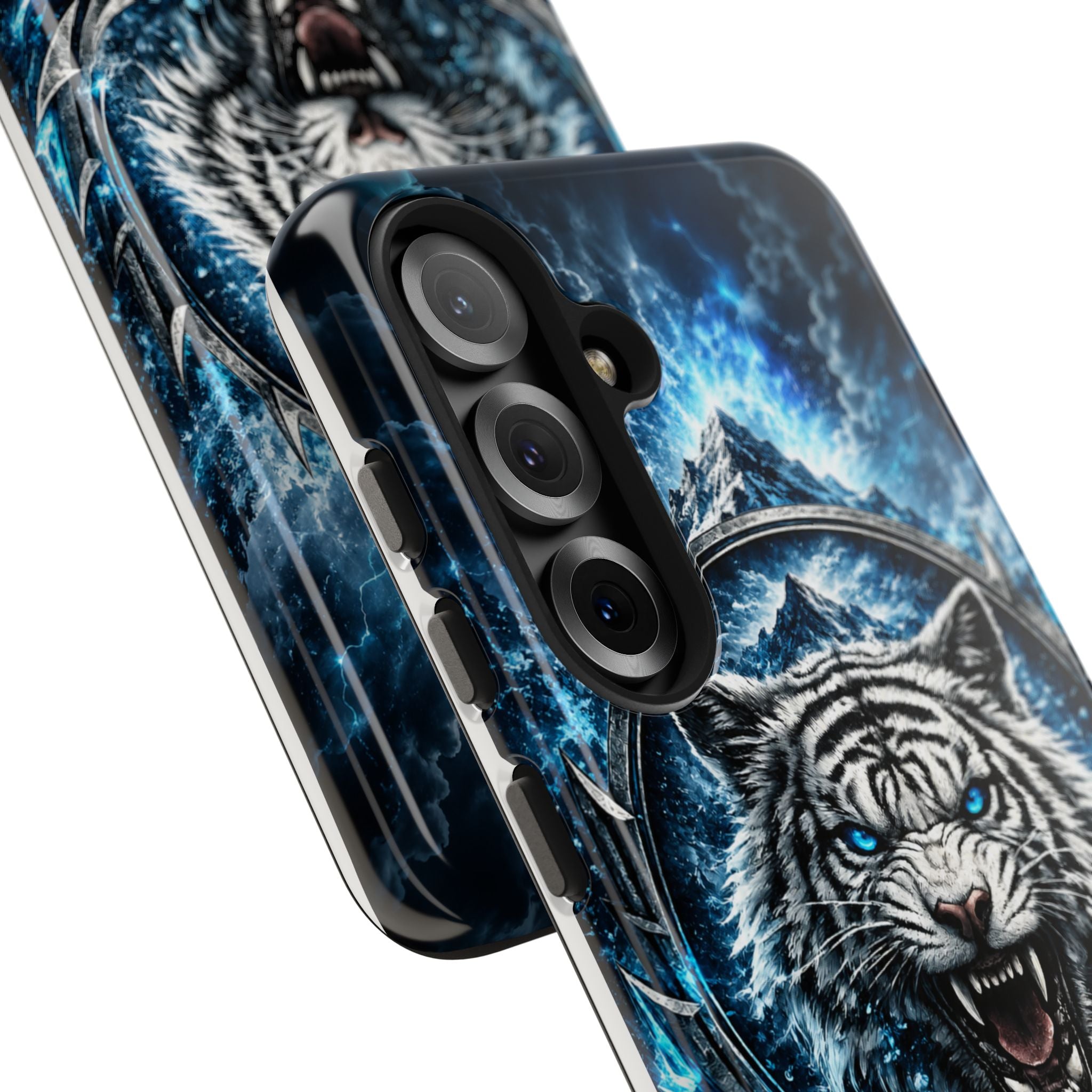 Blue White Tiger Tough Phone Case — Rugged Armor Cover with Fierce Snow Tiger Design