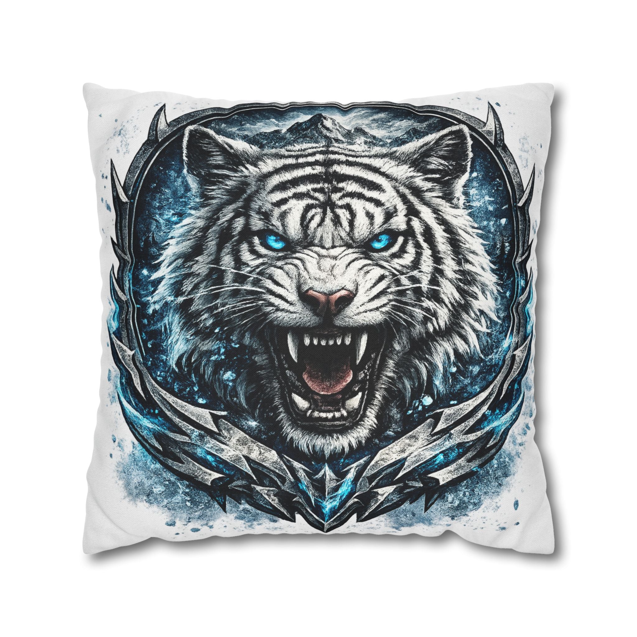 Roaring White Tiger Decorative Pillowcase — Blue Eyes Accent Throw Pillow