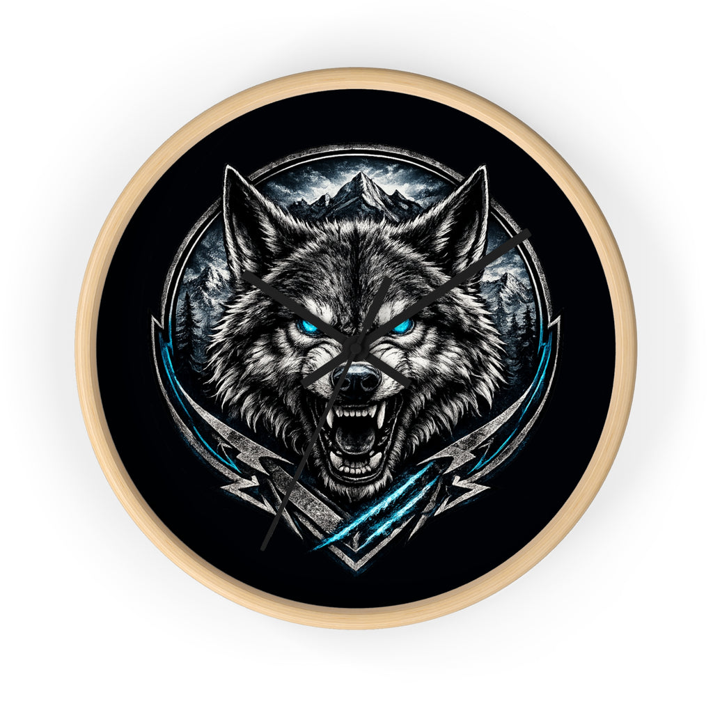 Howling Wolf Wall Clock — Fierce Blue-Eyed Wolf Cabin Decor