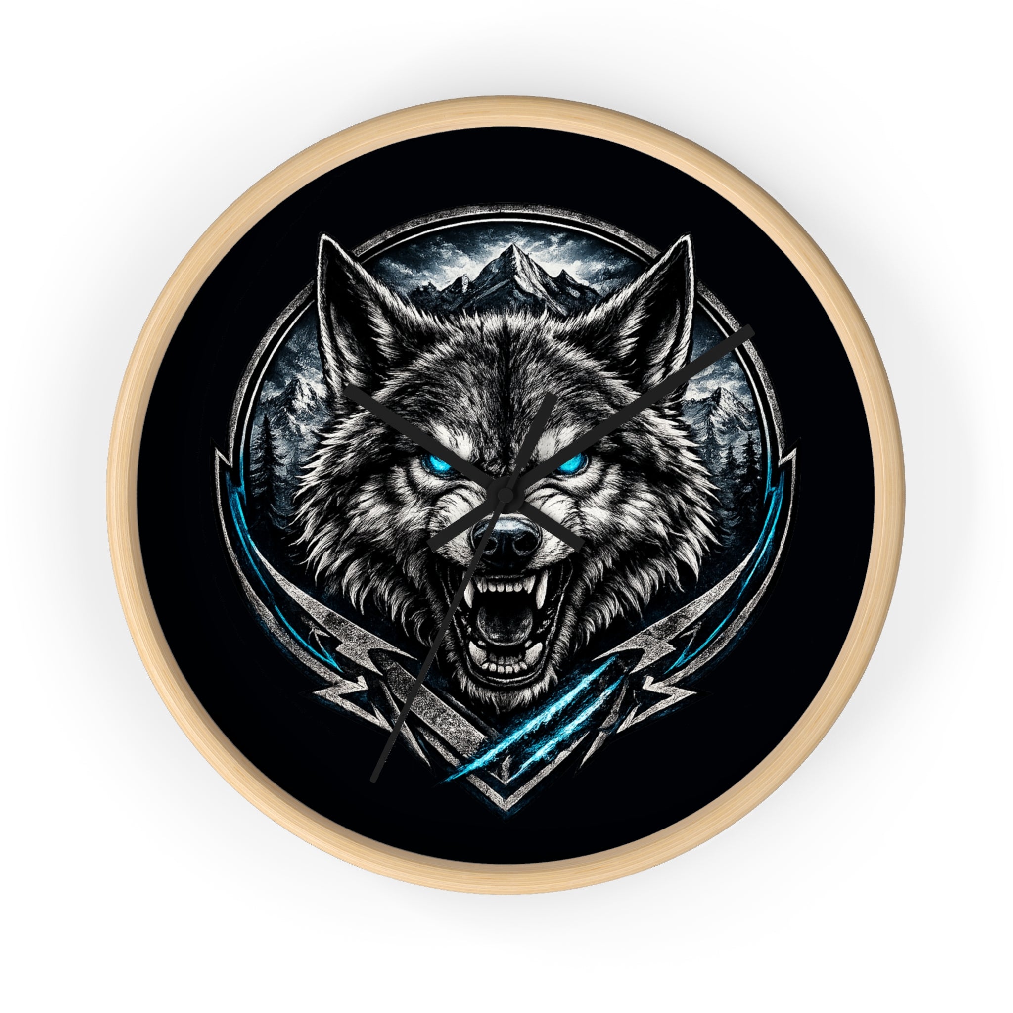 Howling Wolf Wall Clock — Fierce Blue-Eyed Wolf Cabin Decor