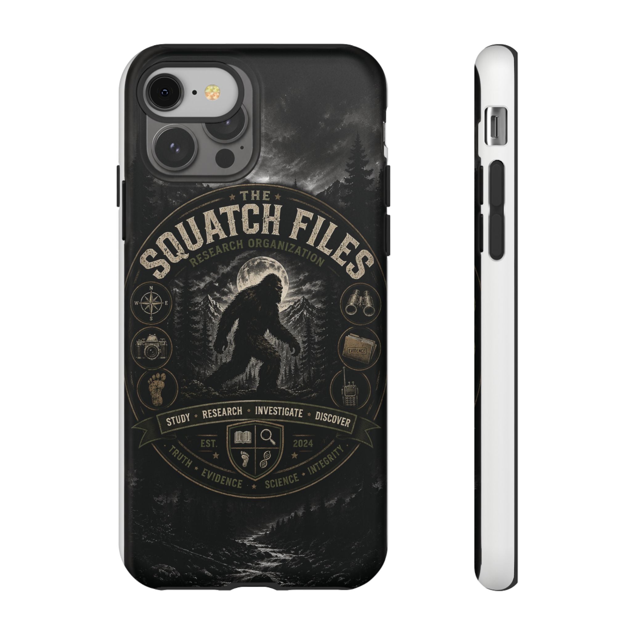 Squatch Files Research Organization Phone Case — Bigfoot Sasquatch Moonlit Forest Design
