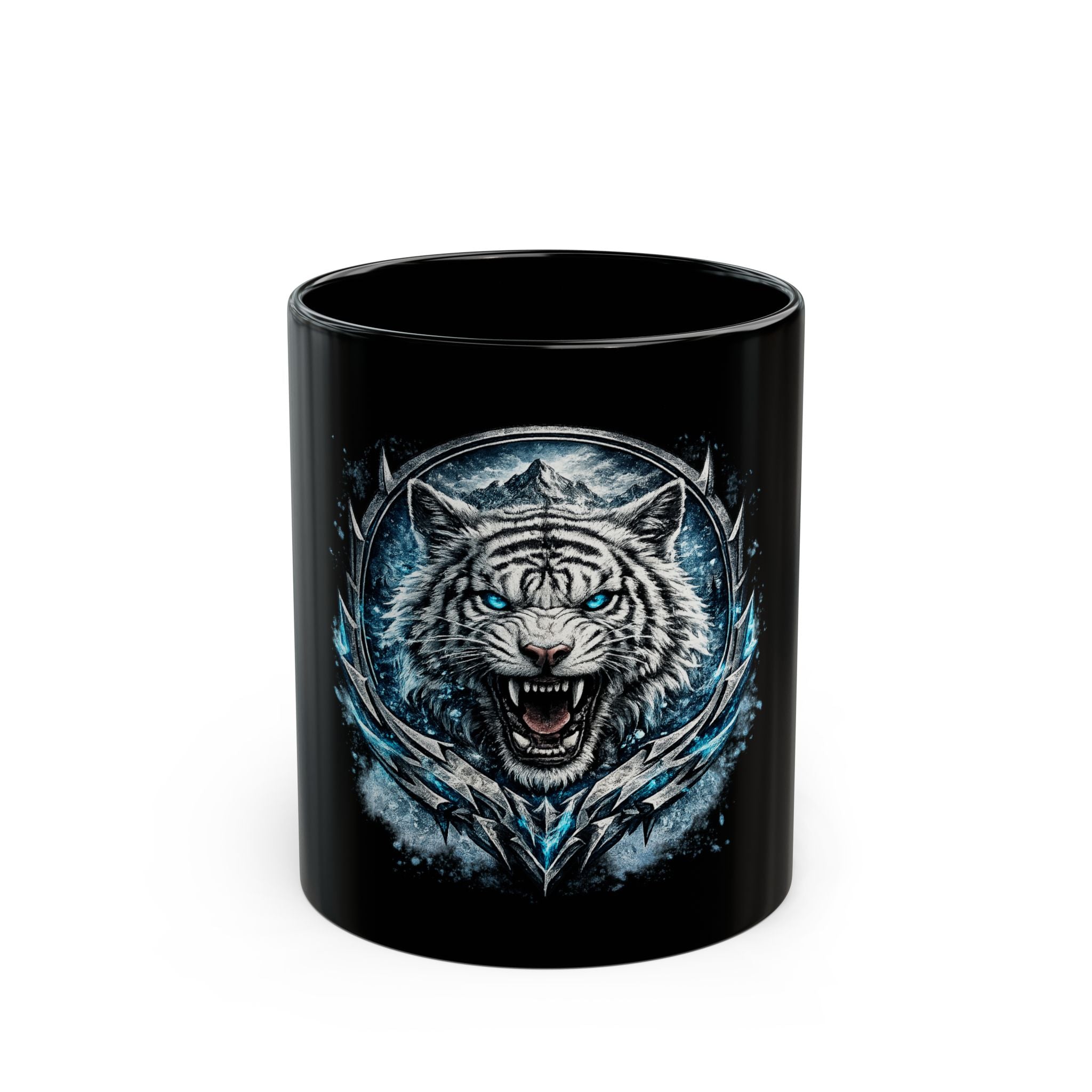 Ice Tiger Black Mug — Fierce White Tiger Design, Blue Eyes Coffee Cup (11oz/15oz)