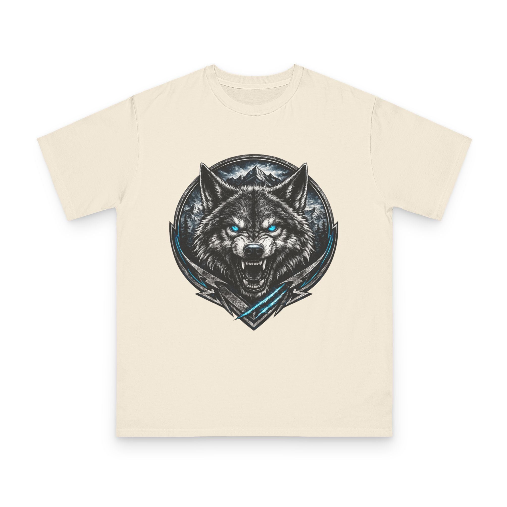 Wolf Head Graphic T-Shirt — Fierce Blue-Eyed Wolf Crest Tee