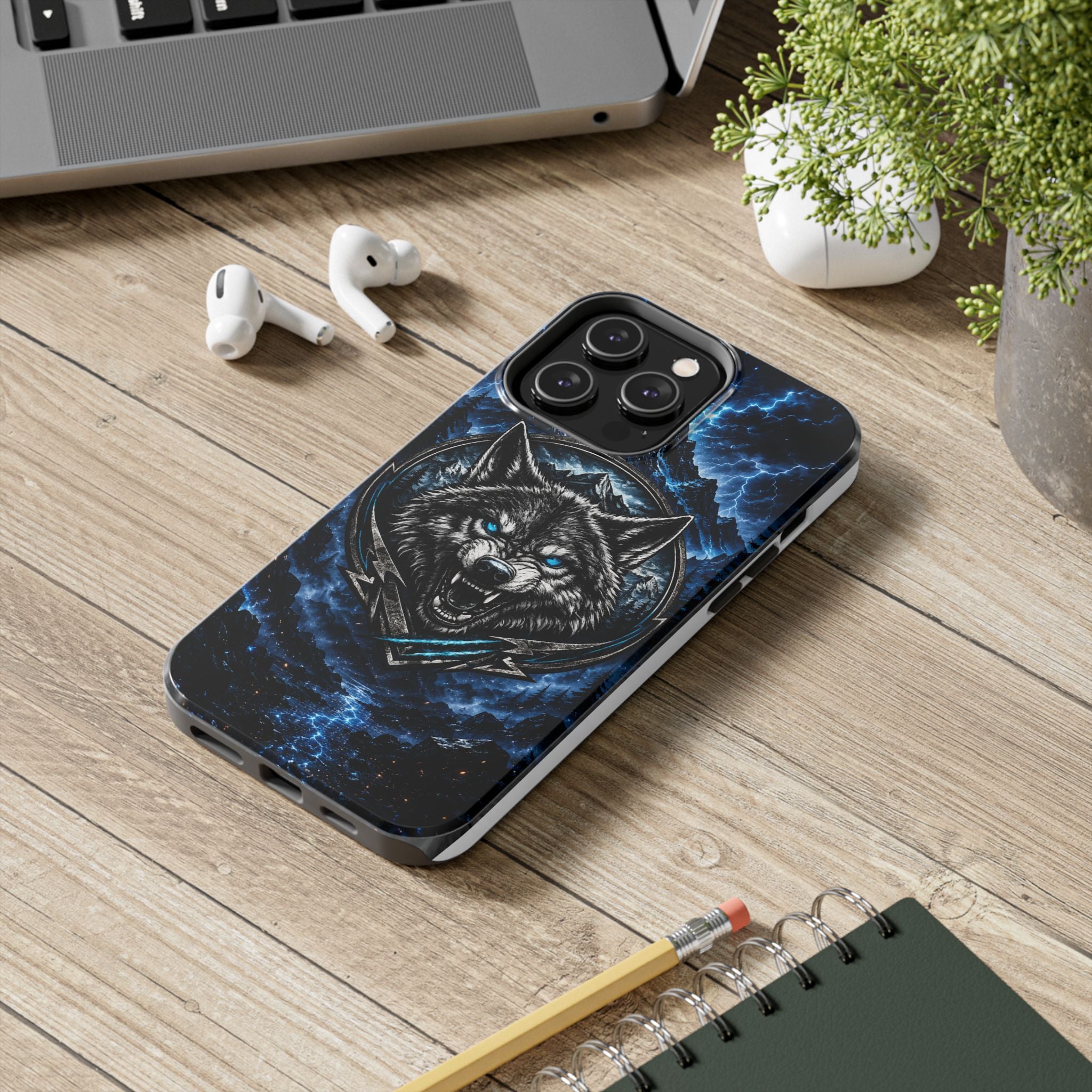 Wolf Thunder Tough Phone Case — Rugged Protective Case with Blue Lightning Wolf Design