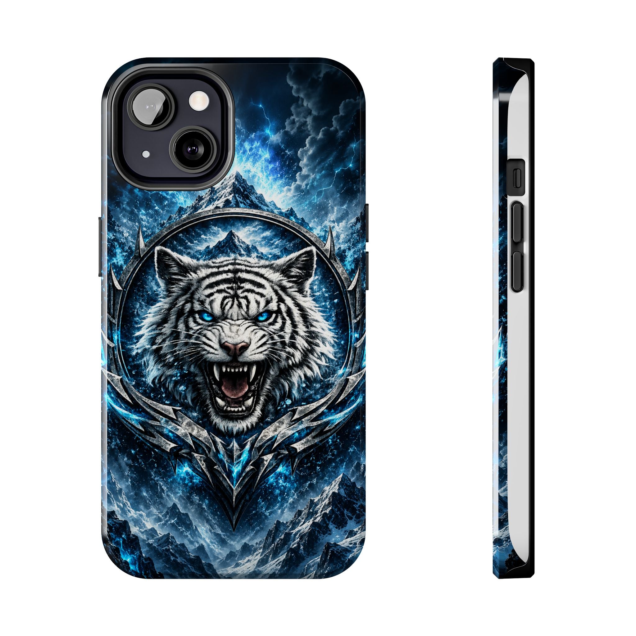Blue White Tiger Tough Phone Case — Rugged Armor Cover with Fierce Snow Tiger Design