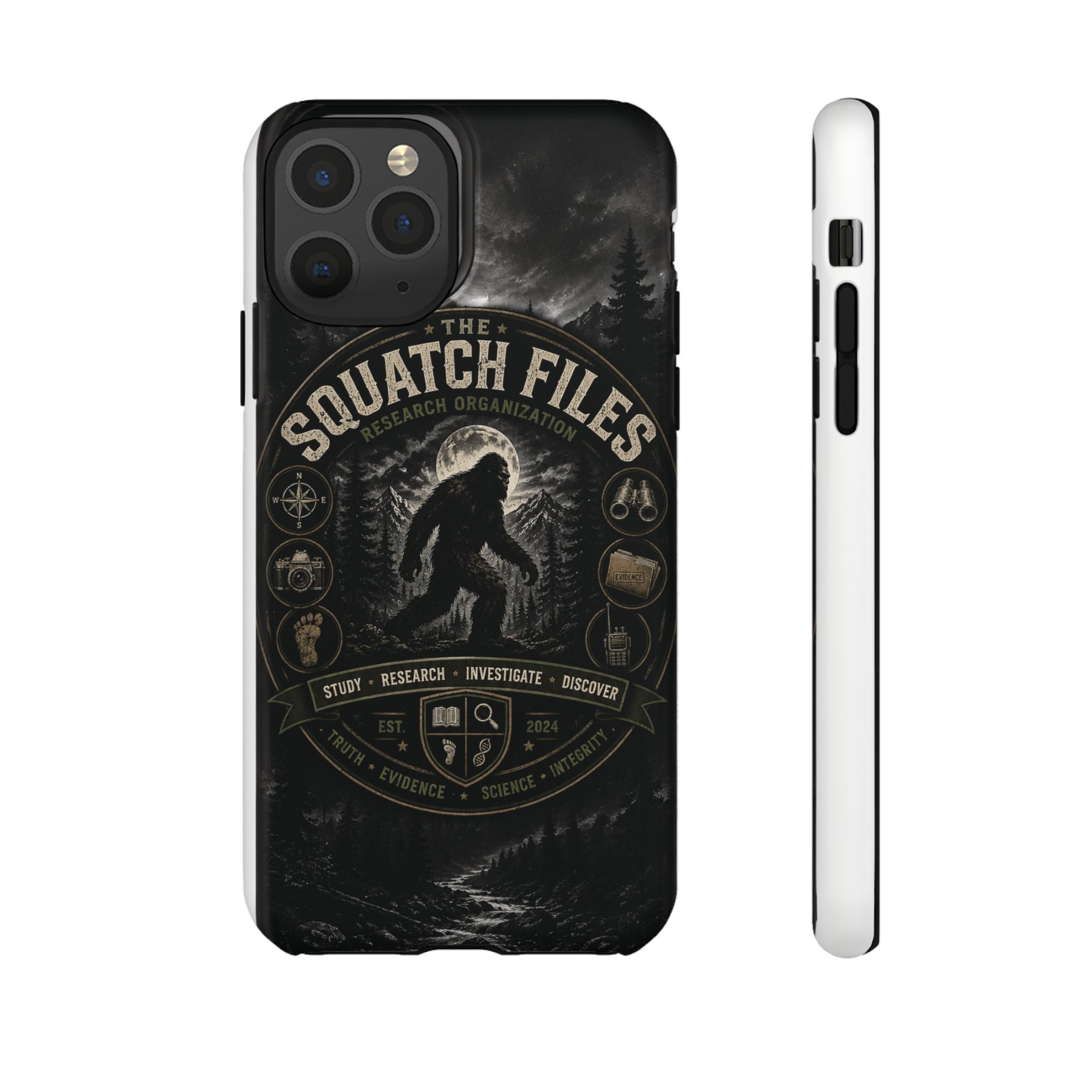 Squatch Files Research Organization Phone Case — Bigfoot Sasquatch Moonlit Forest Design