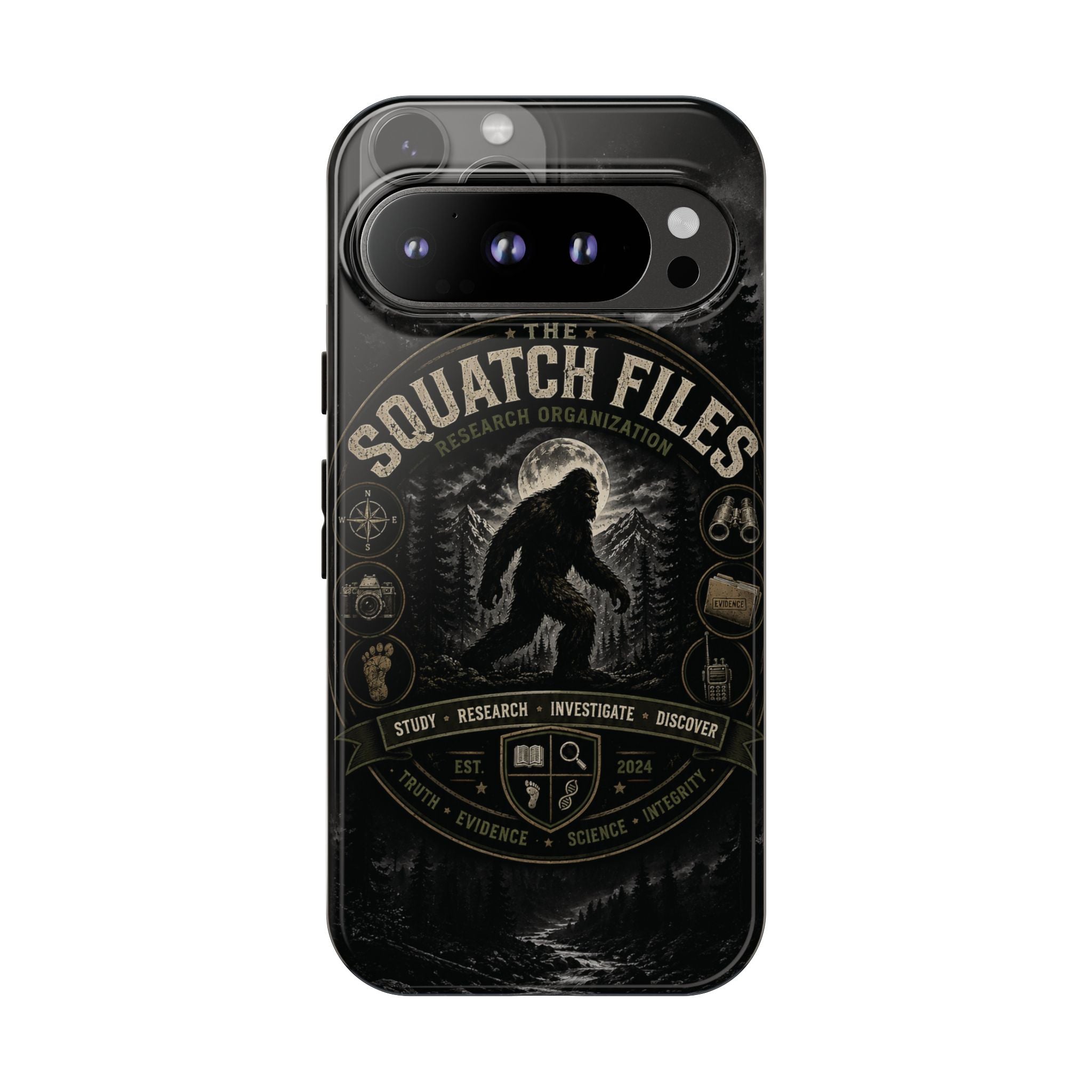Squatch Files Research Organization Phone Case — Bigfoot Sasquatch Moonlit Forest Design