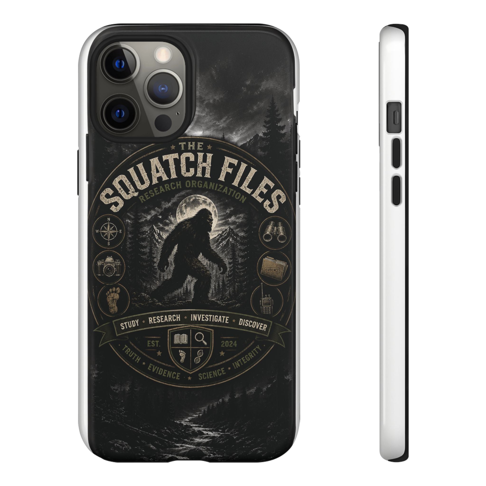 Squatch Files Research Organization Phone Case — Bigfoot Sasquatch Moonlit Forest Design