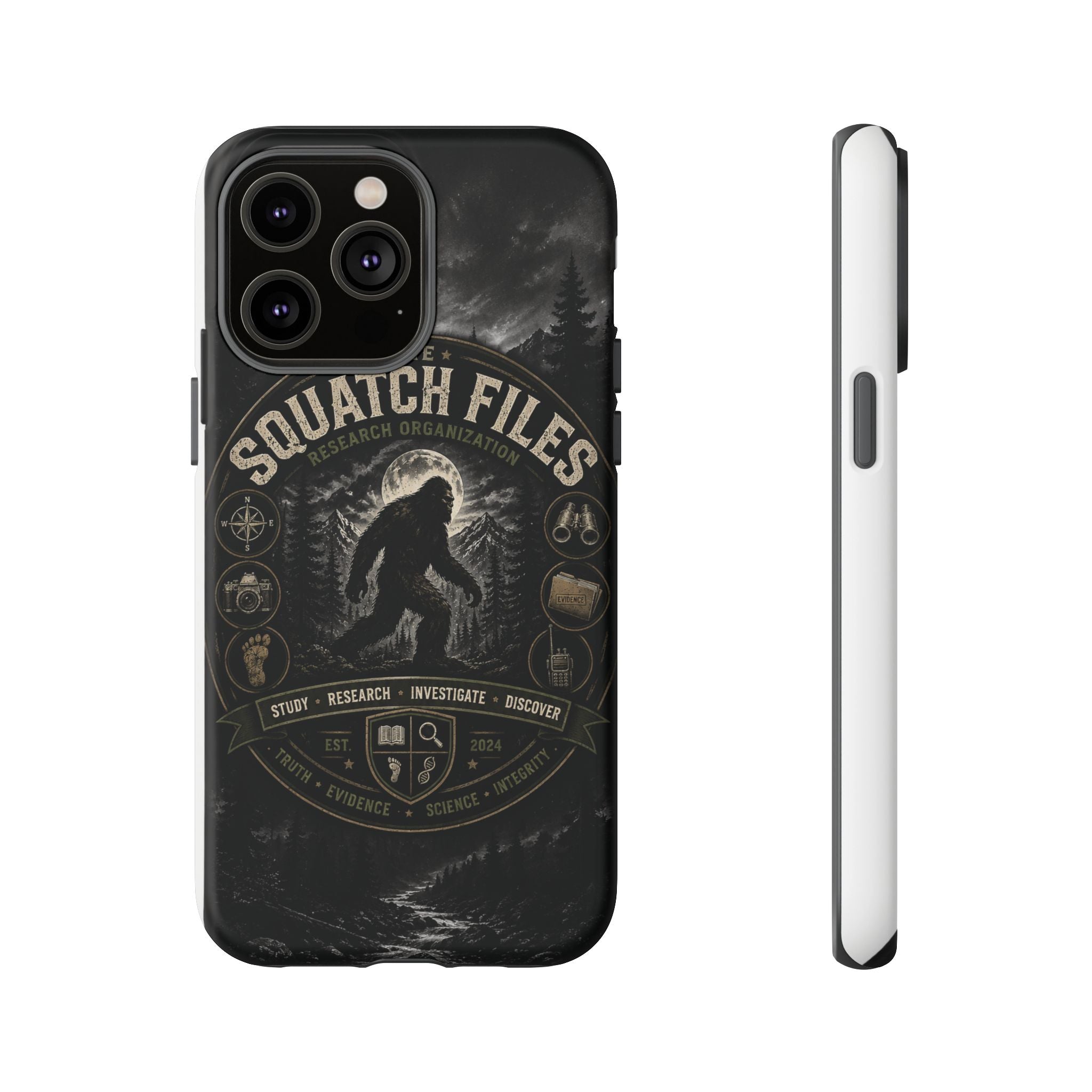 Squatch Files Research Organization Phone Case — Bigfoot Sasquatch Moonlit Forest Design