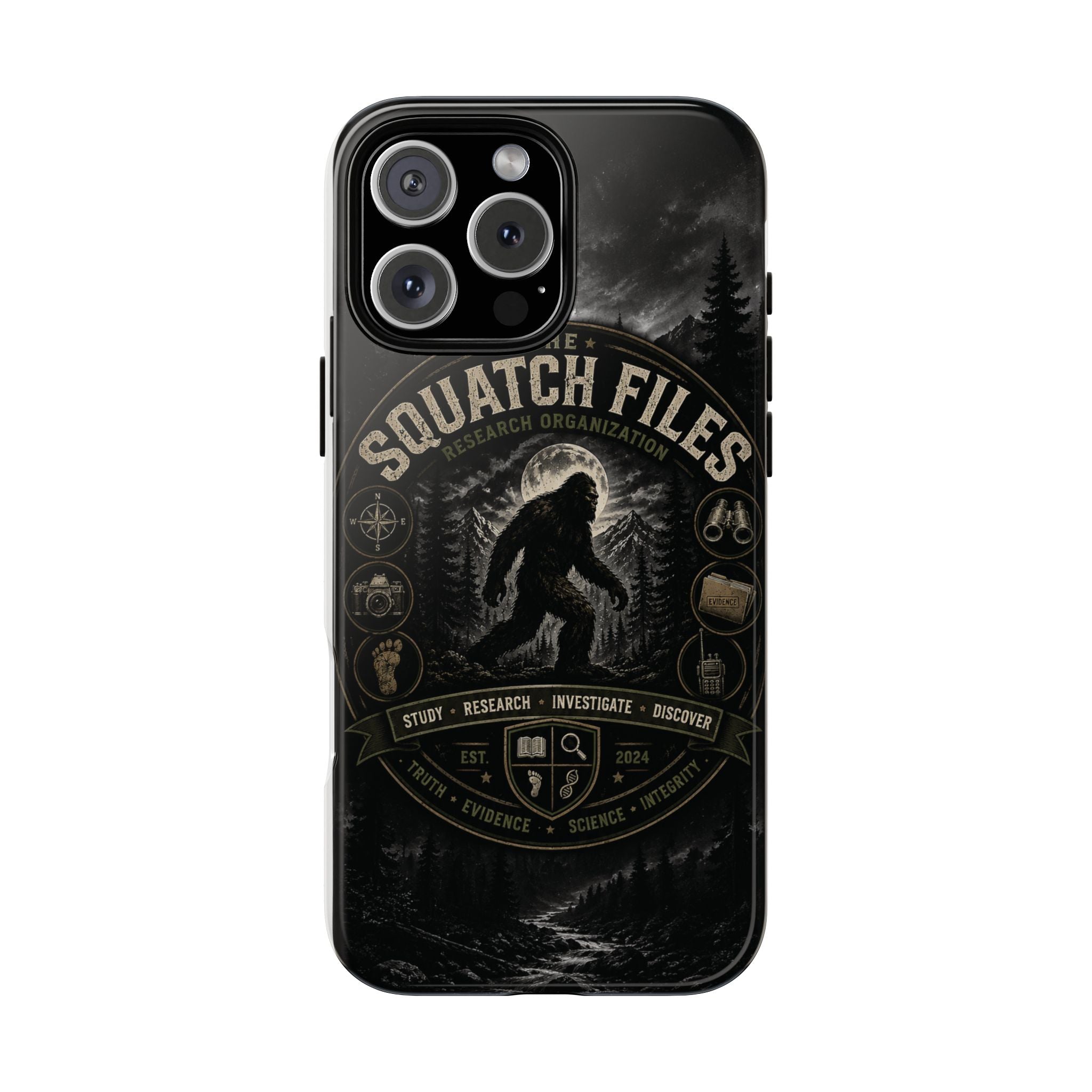 Squatch Files Research Organization Phone Case — Bigfoot Sasquatch Moonlit Forest Design