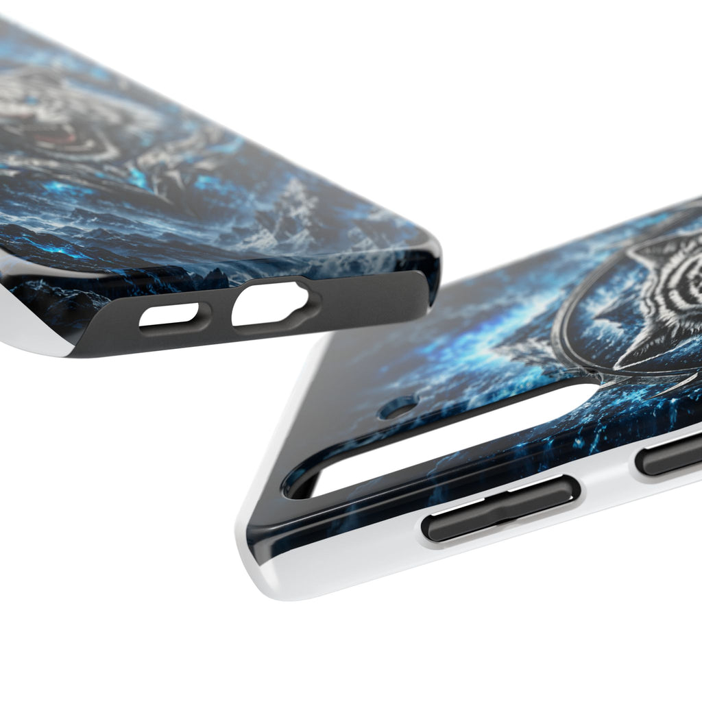 Blue White Tiger Tough Phone Case — Rugged Armor Cover with Fierce Snow Tiger Design