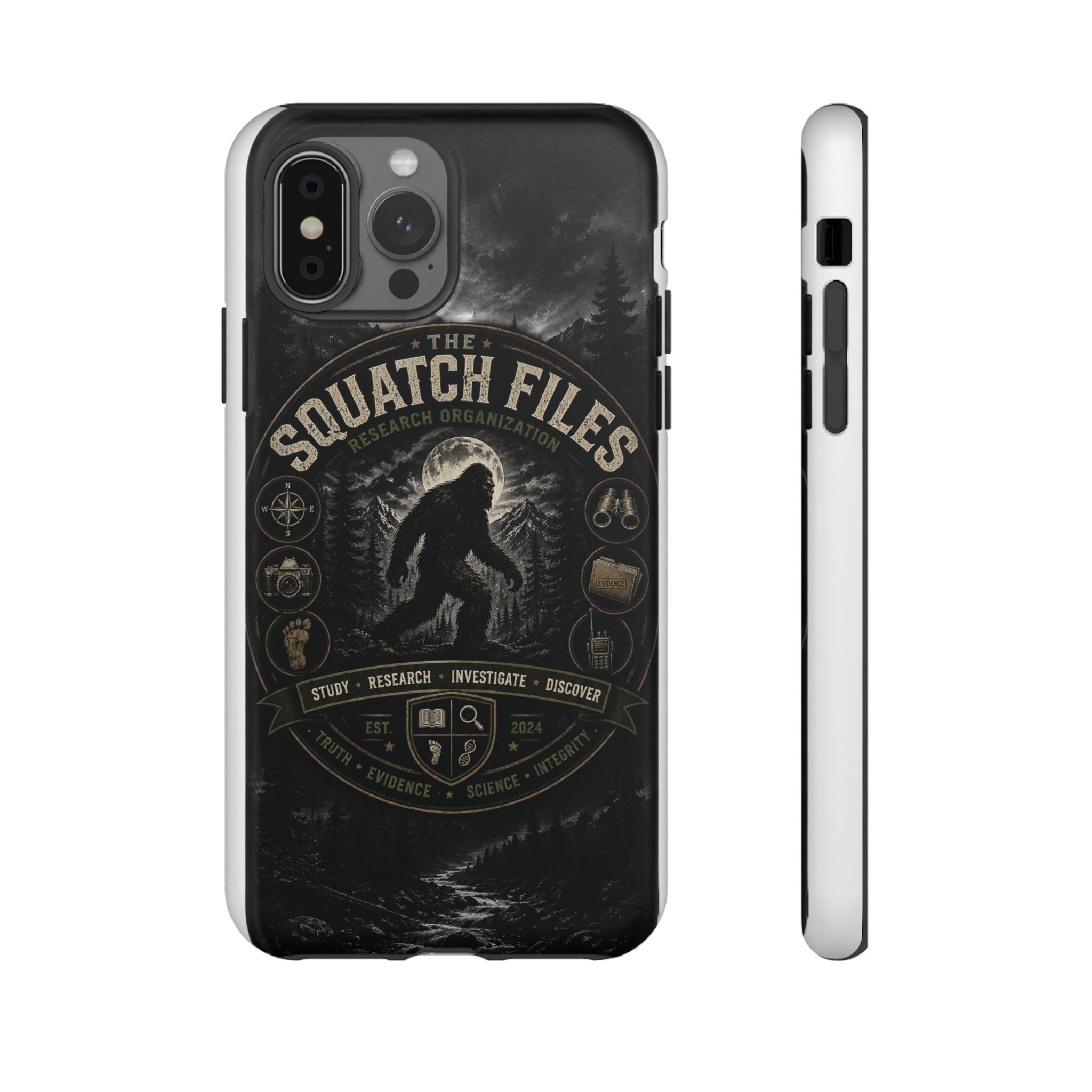 Squatch Files Research Organization Phone Case — Bigfoot Sasquatch Moonlit Forest Design